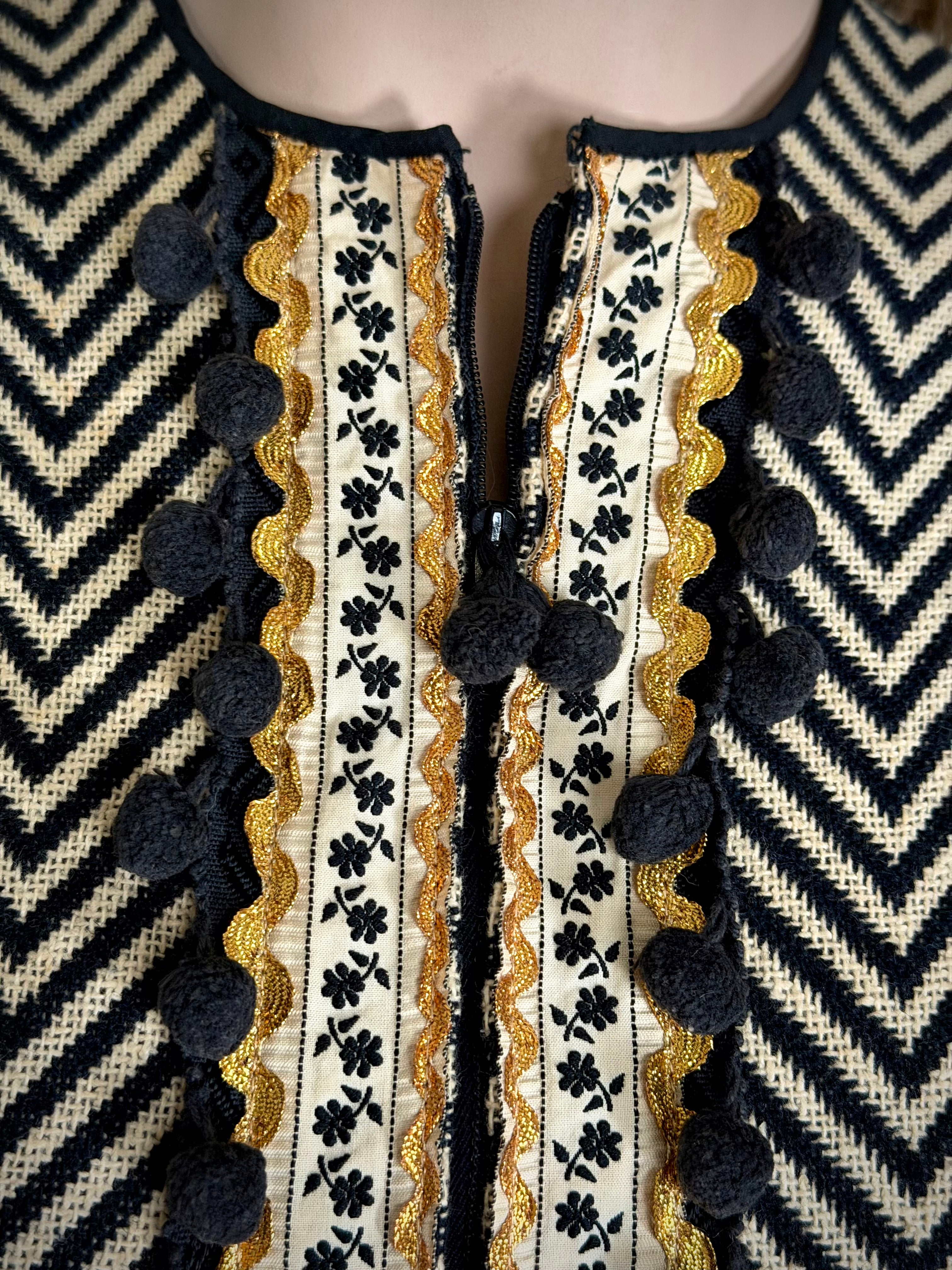 Mid-Century Chevron Weave Dress with Decorative Trim