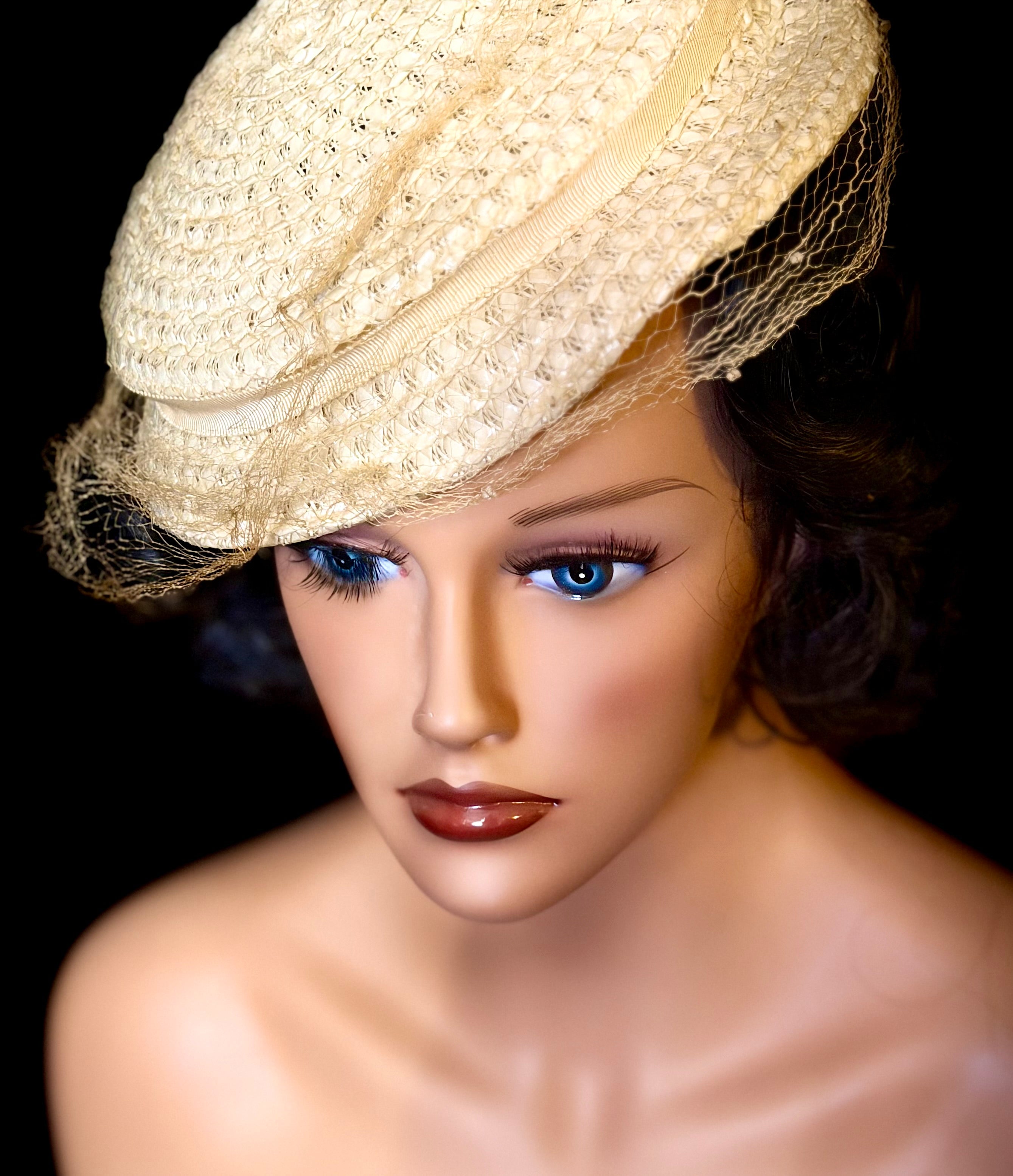 Early 1940s Hand-Made Straw Hat with Veil Unlabelled - Attributed to an Australian Milliner