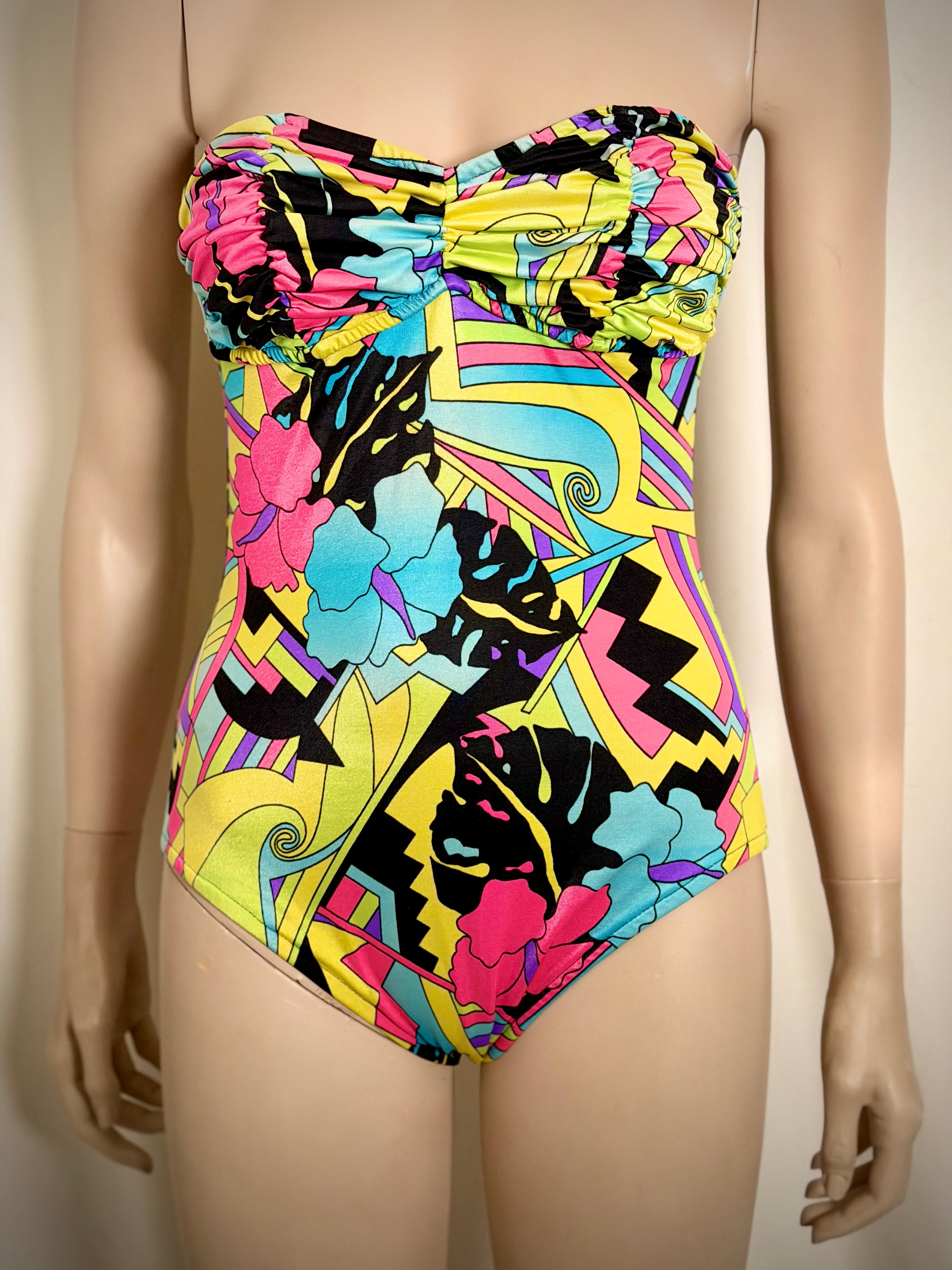 1990s Neon Tropical Print Bodysuit Swimsuit | Bodysuit