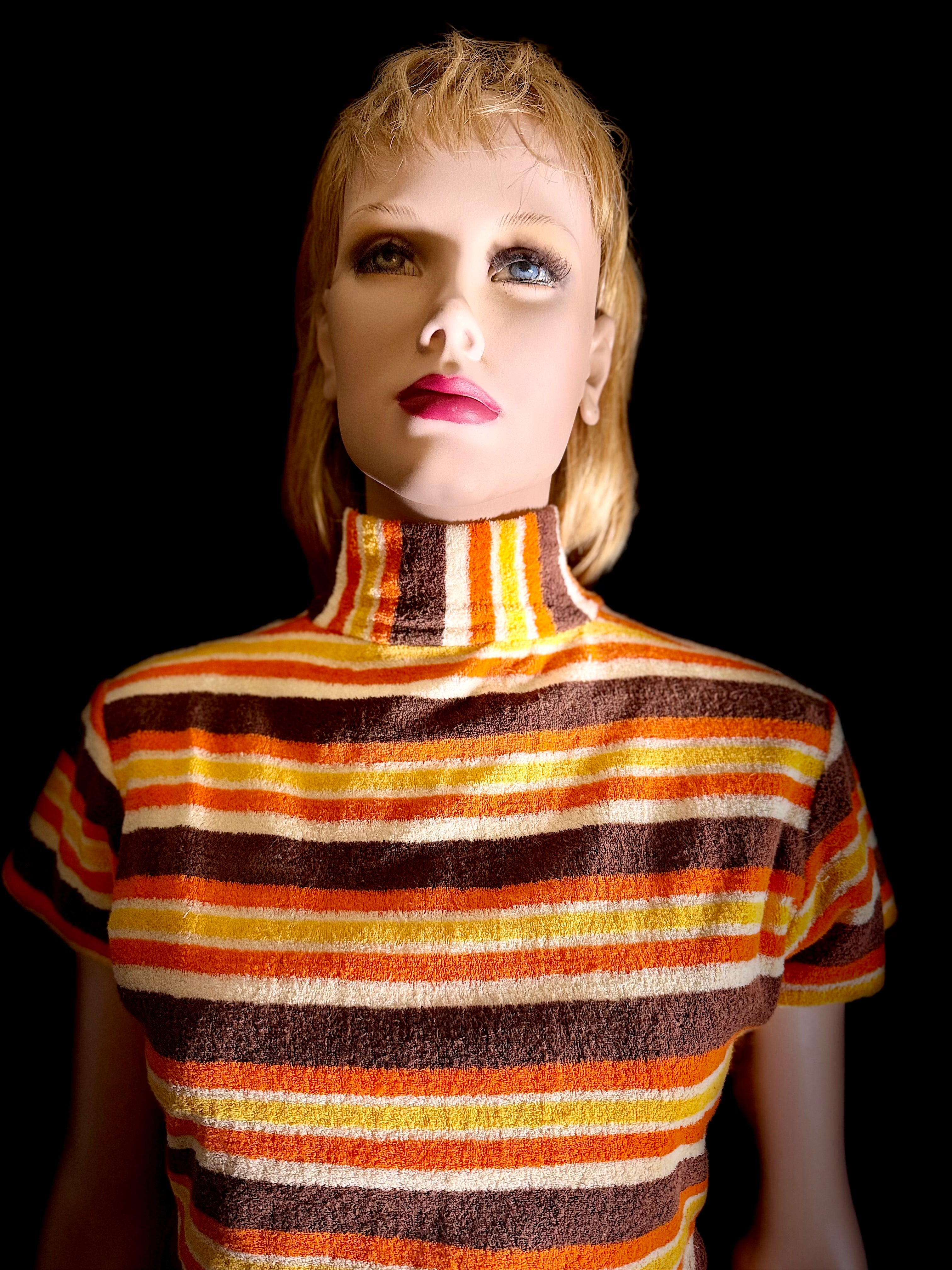Vintage 1960s Towelling Mini Dress | High Neck | Graphic Stripe | Unworn