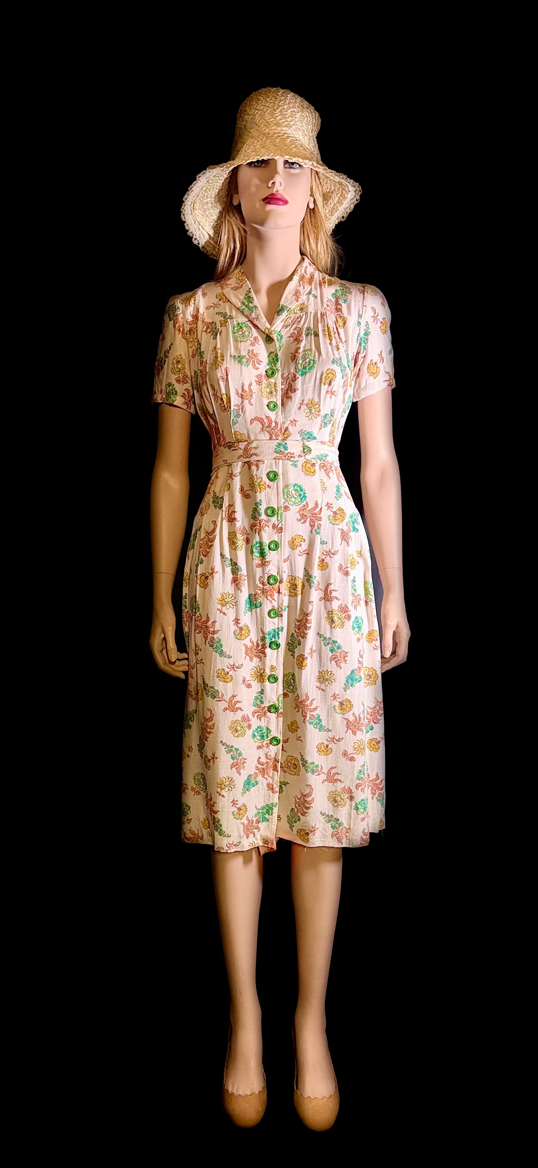 Late 1930s- Early 1940s Hand-Sewn Floral Day Dress with Original Green Buttons