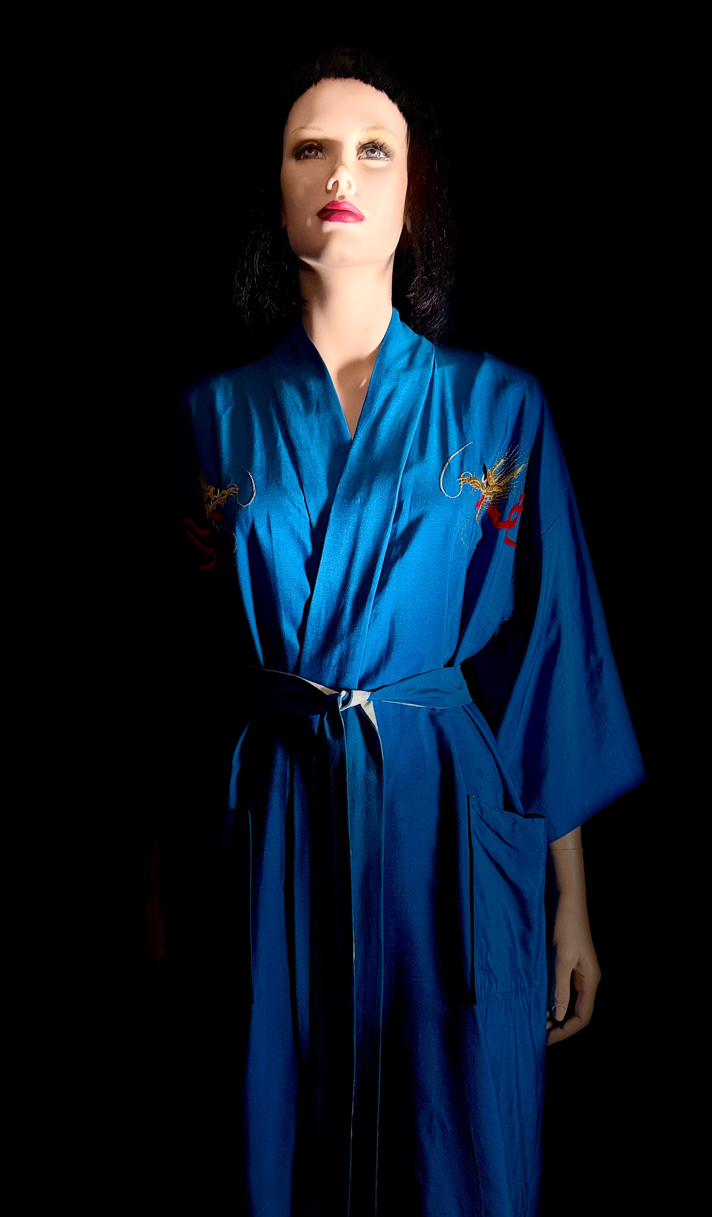1940s Hand Embroidered Dragon Silk Smoking Robe
– Made in Japan