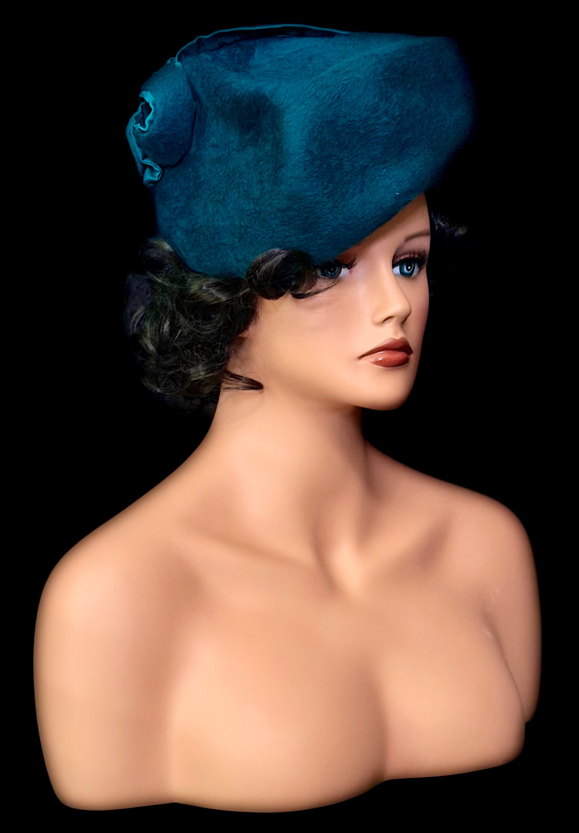 1960s Teal Felt Tilt Hat-David Jones Service Millinery | Sculptural Mid-Century Couture Style