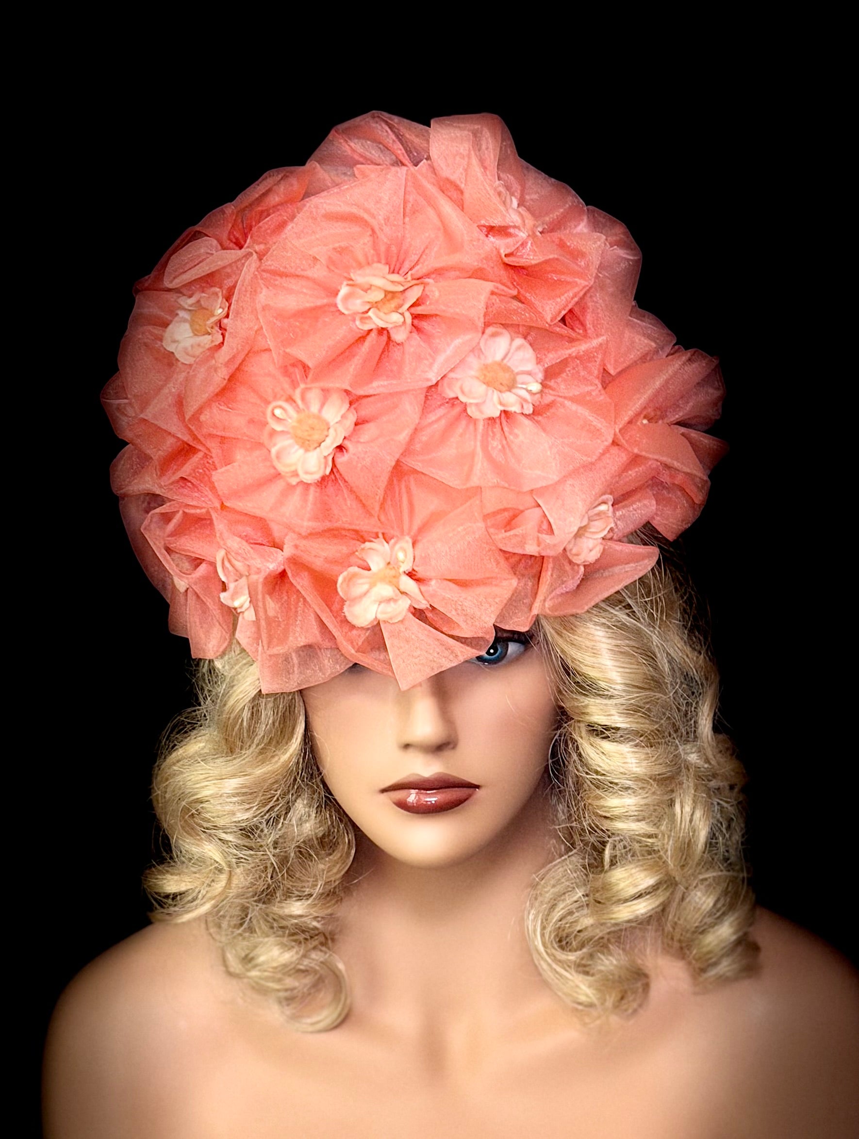 Vintage Couture Coral Floral Statement Hat - Sculptural Organza Petal Hat with Pearl Details