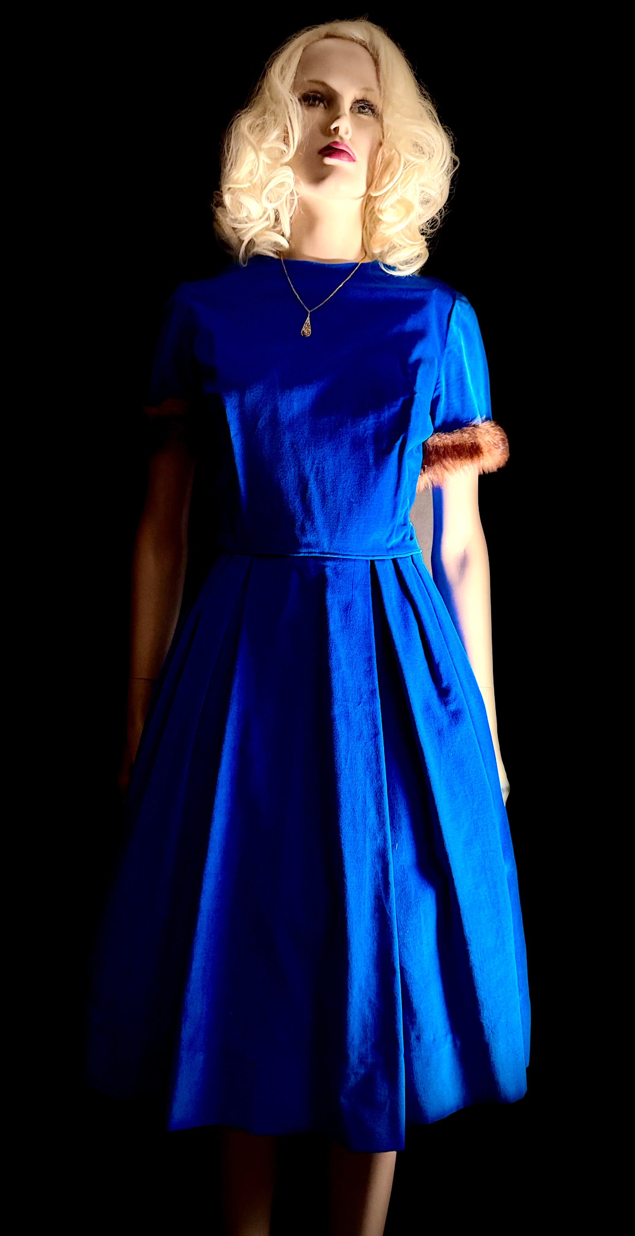 1960s Royal Blue Velvet Dress with Fur-Trimmed Sleeves