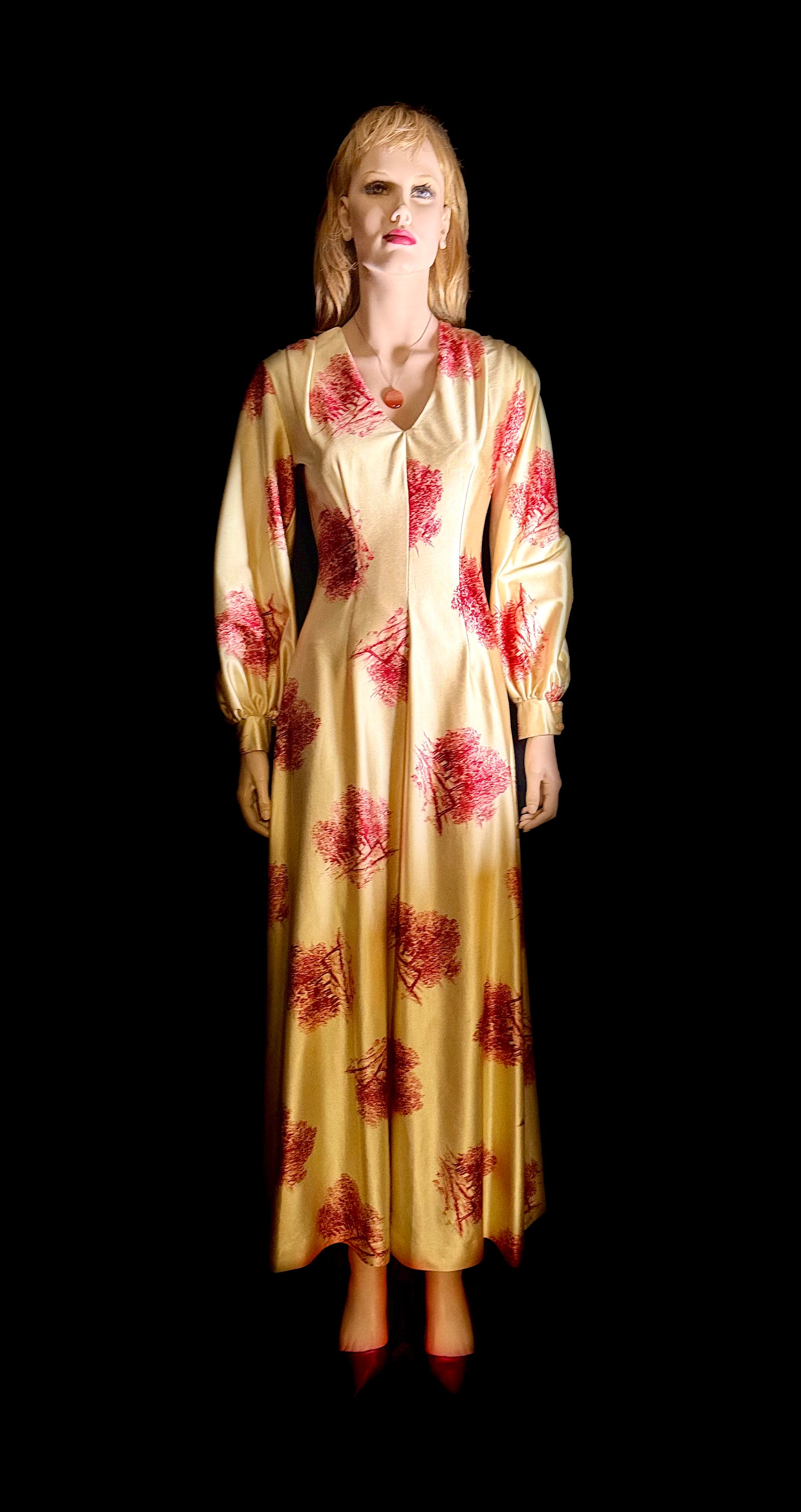 Vintage 1970s Golden Toile Evening Gown – Balloon Sleeves, Full Length