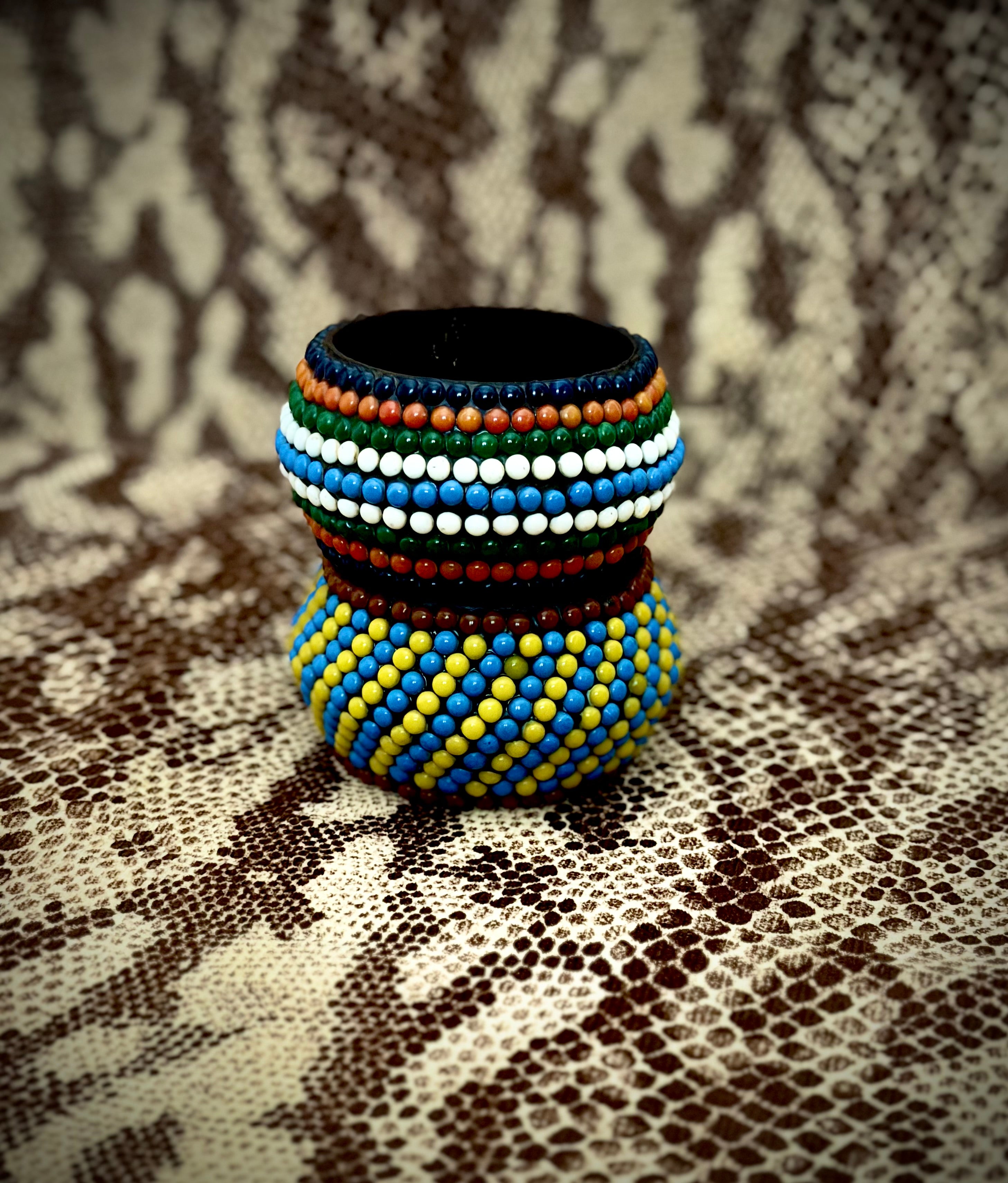 1980s African Beaded Wooden Bangle | Multicolour Stripe Design