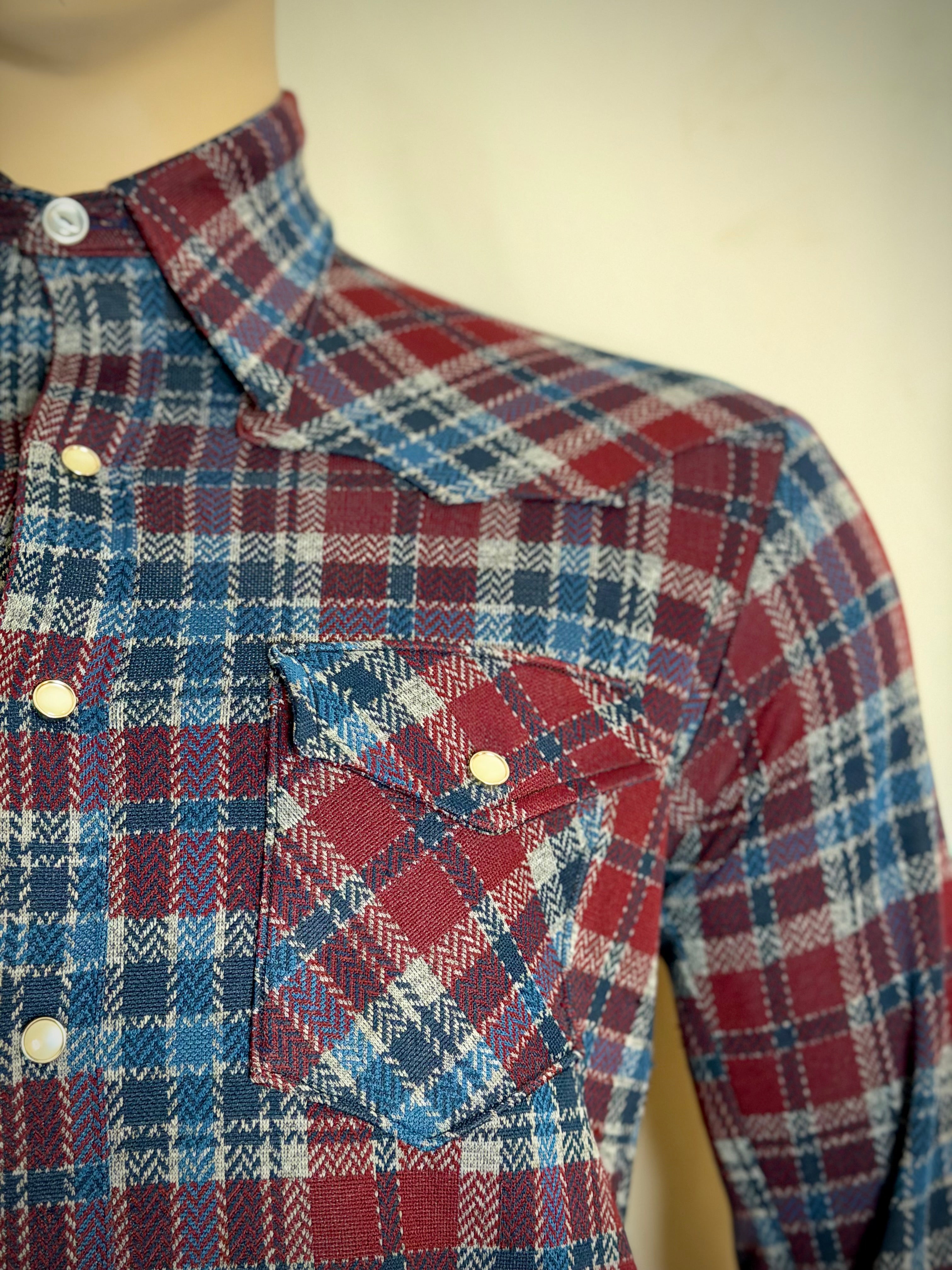Deadstock 1970s Western Snap Shirt - Burgundy, Blue and Cream Plaid