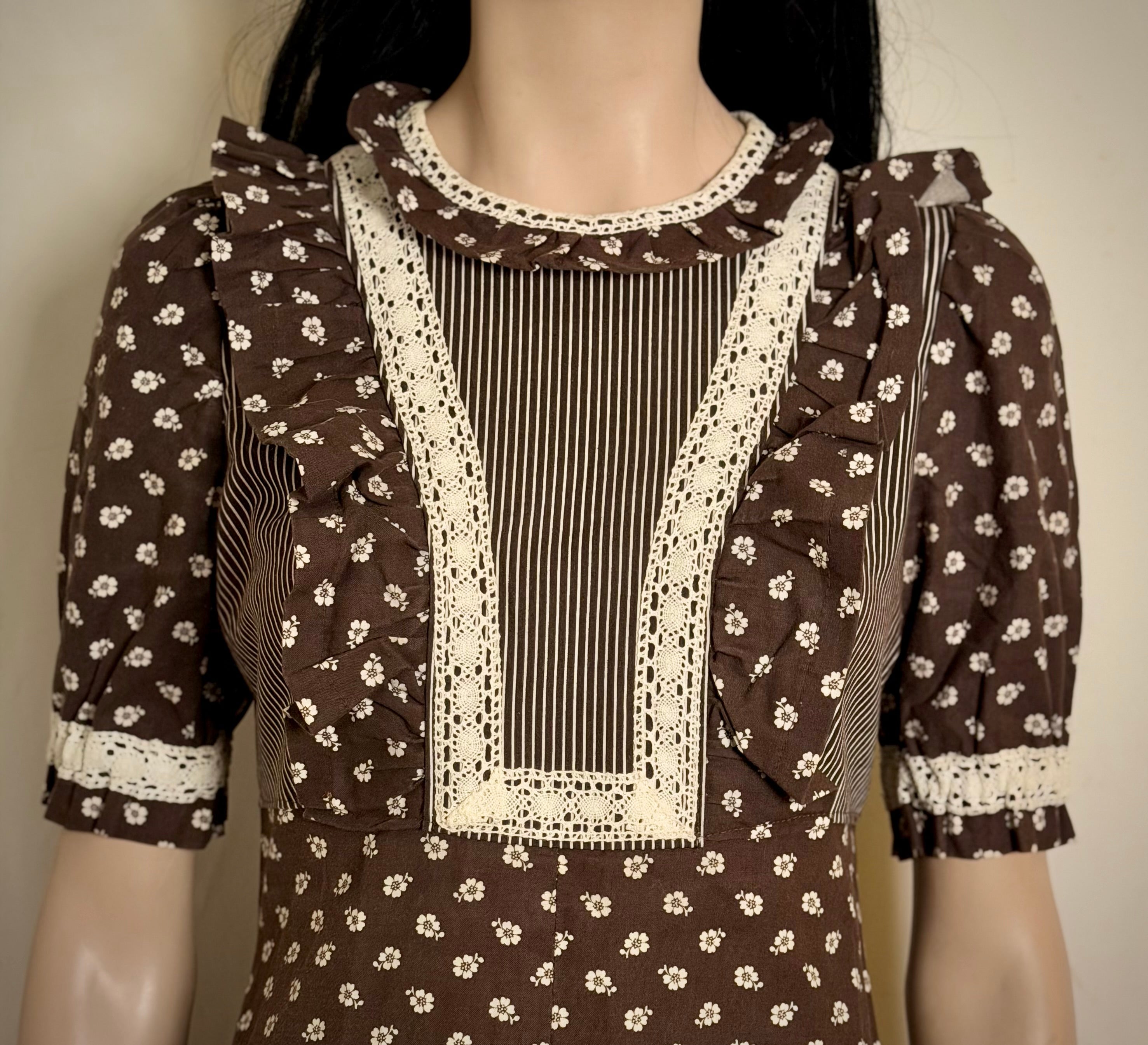 1970s Dark Brown Cotton Prairie Dress