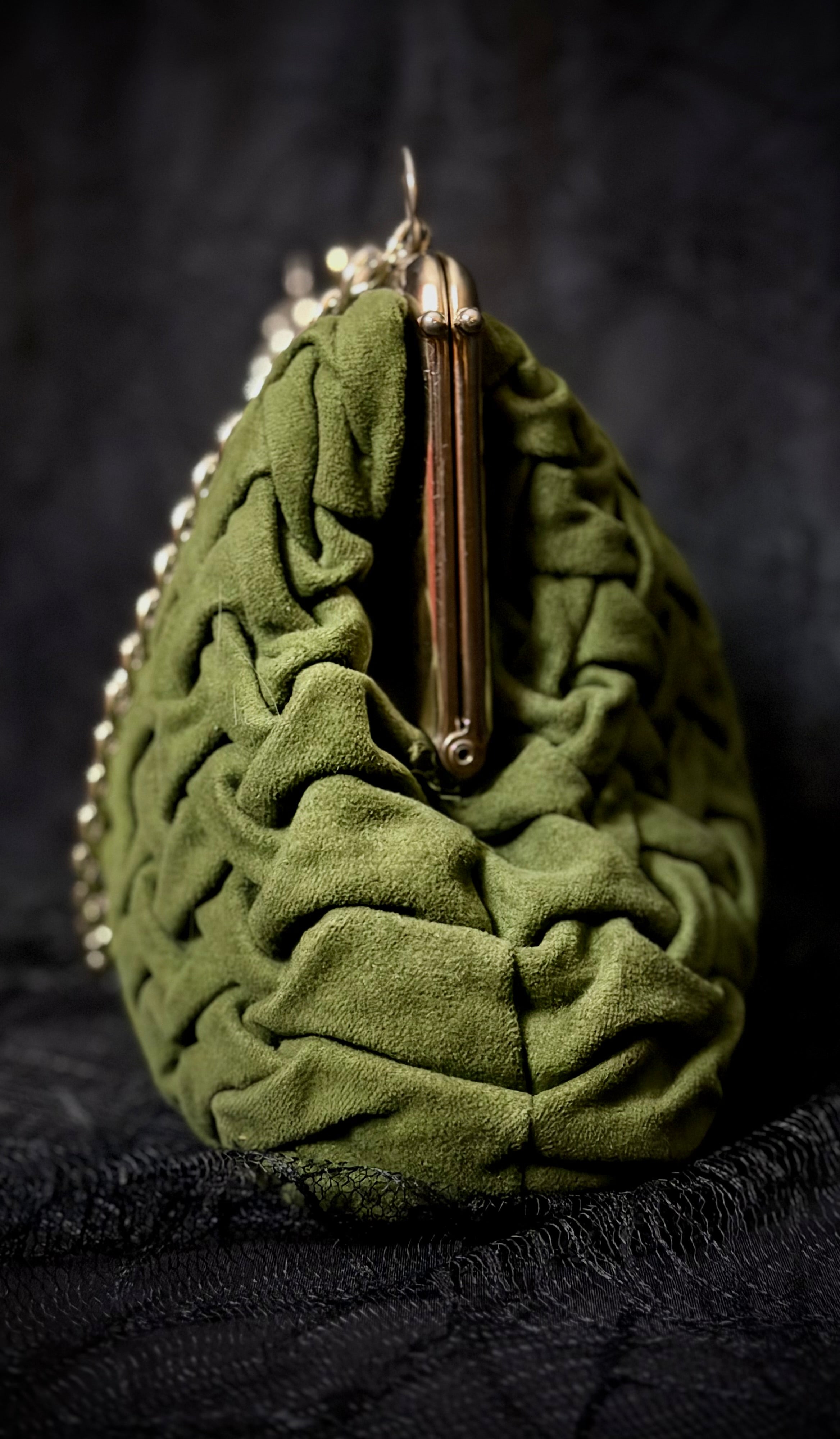 1950s Olive Velvet Evening Bag and Sage Gloves - Mid-Century Cocktail Set
