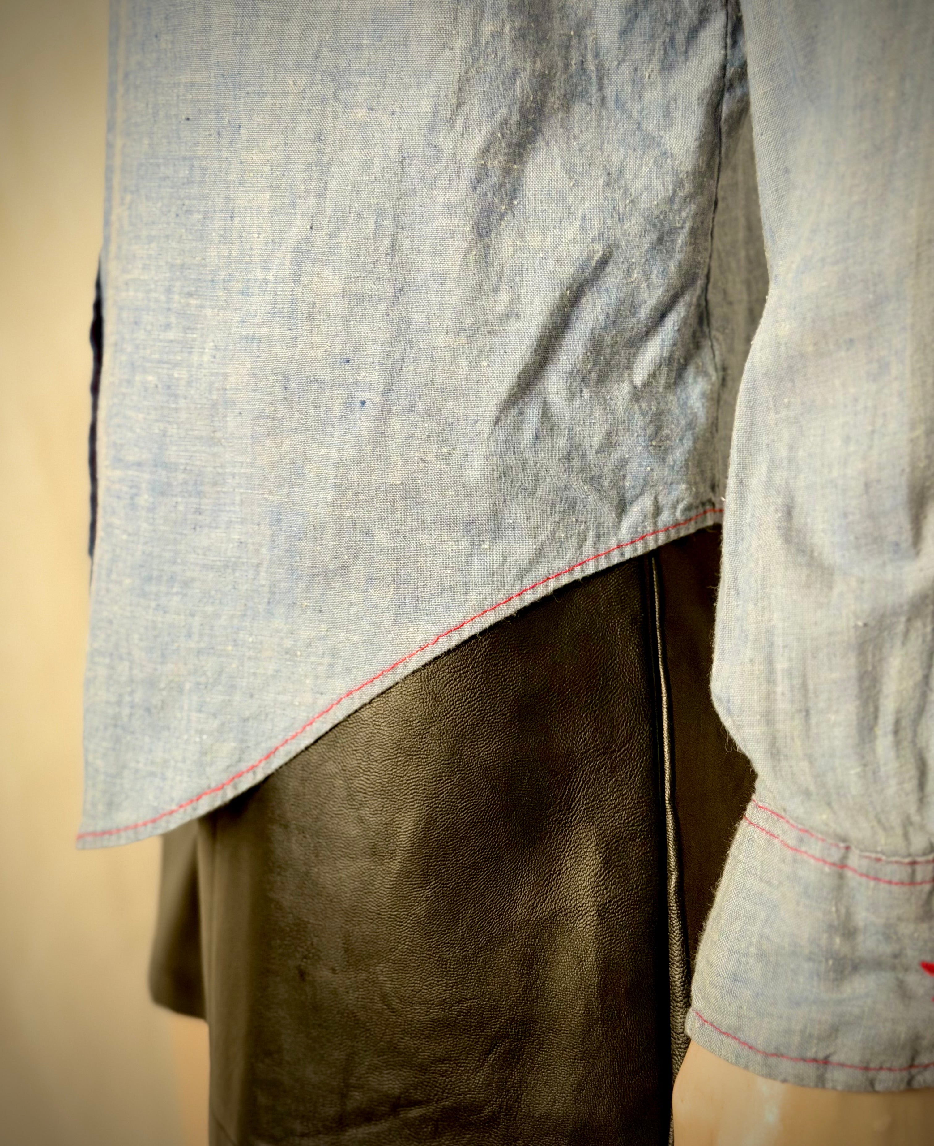 1970s American Denim Shirt with French Military Buttons – Dagger Collar, Red Contrast Stitching