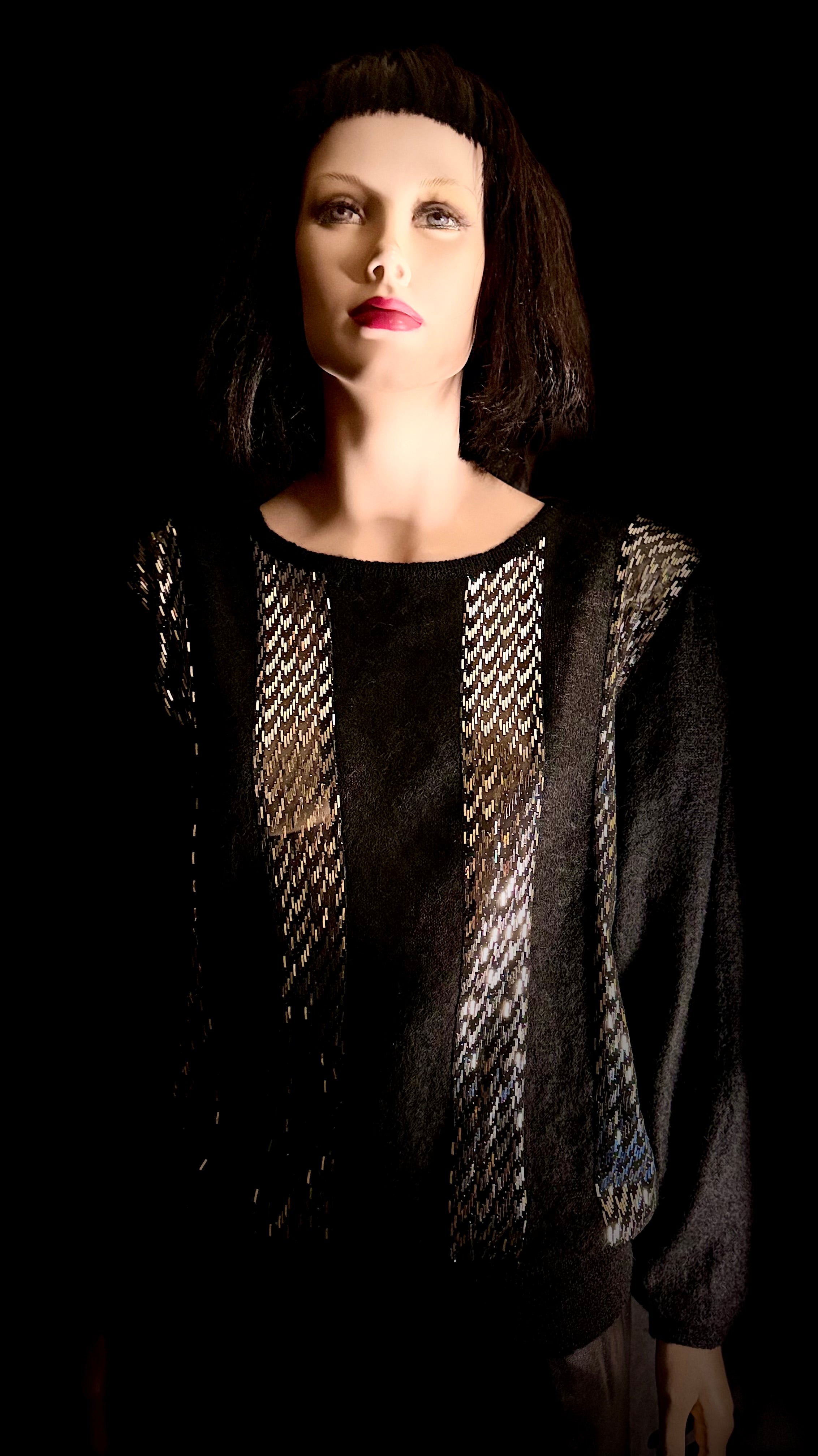 1980s Kid Mohair Beaded Knit Top / Black Mohair Sweater / Diamante Button Back