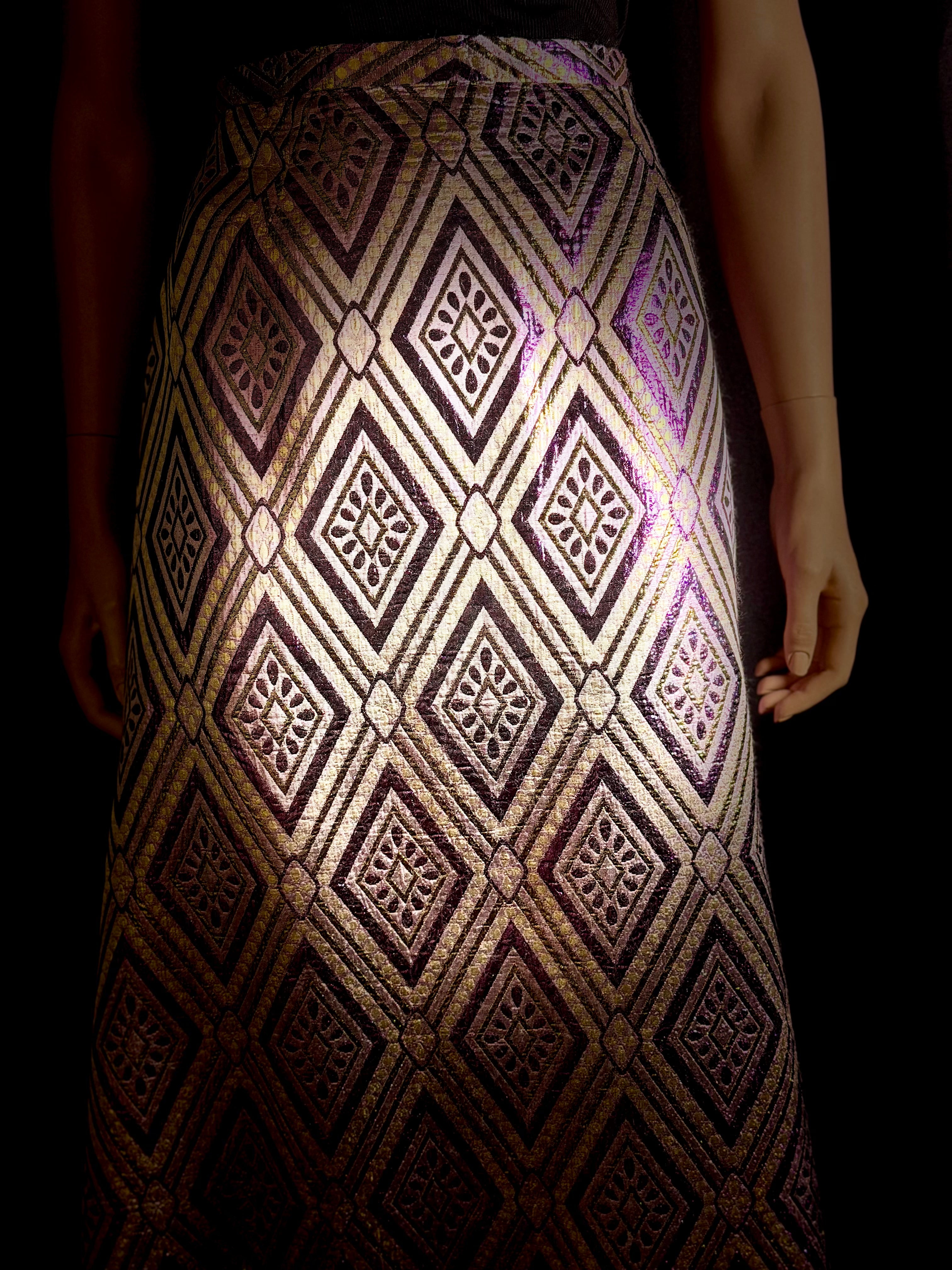 1960s Metallic Brocade A-Line Maxi Skirt - Geometric Op Art Pattern