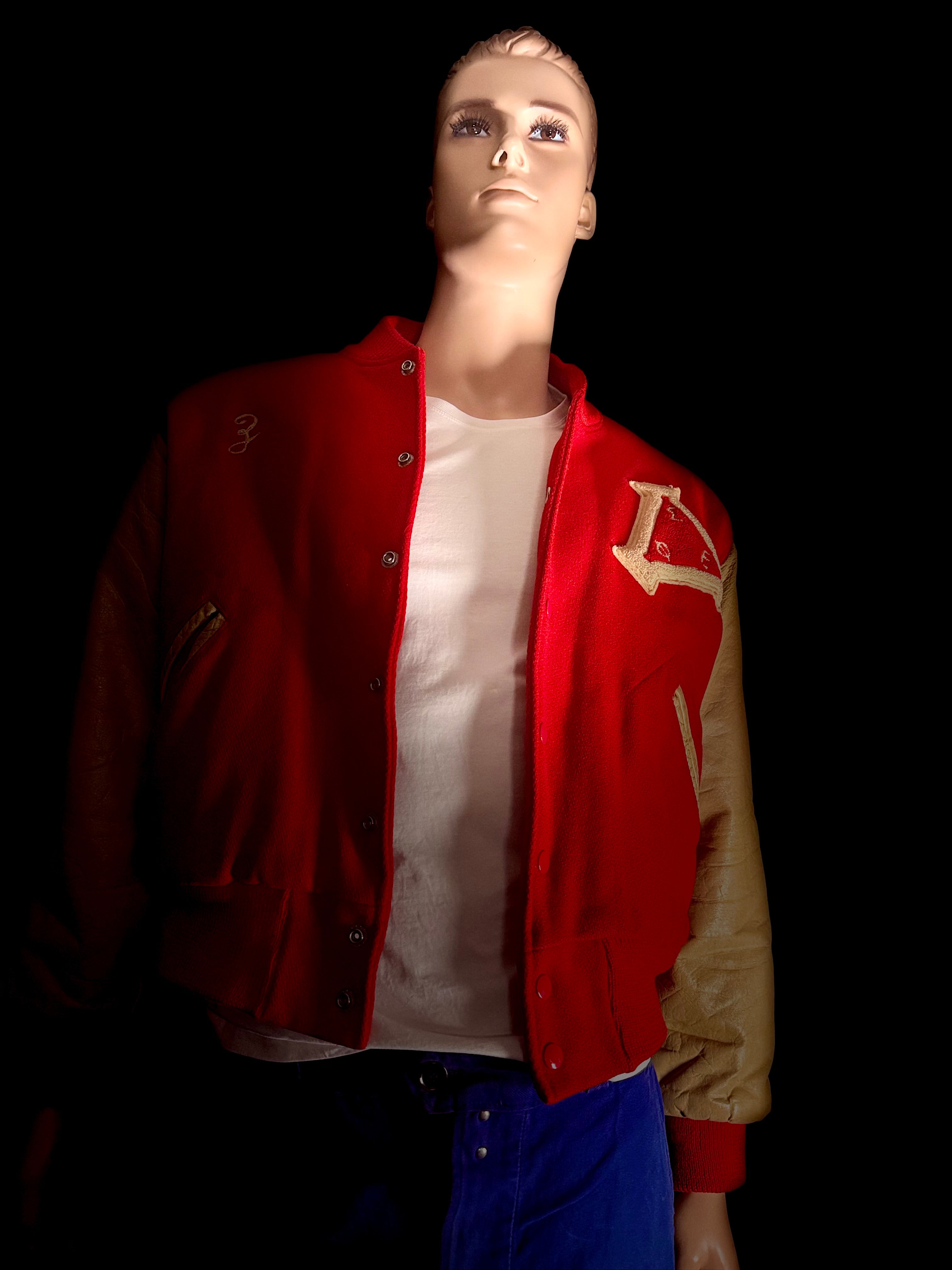 1950s–60s Red Varsity Jacket with Leather Sleeves