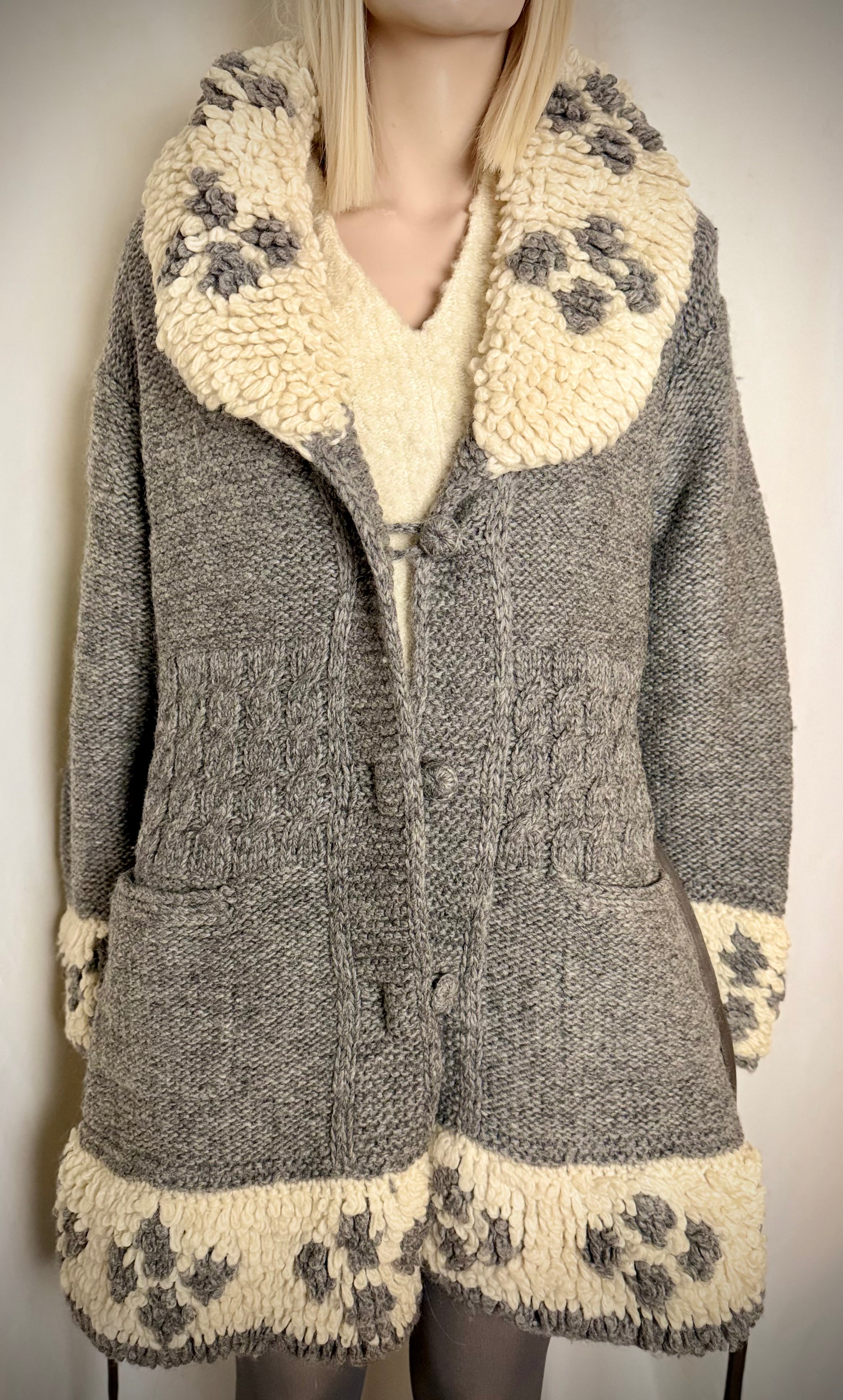 1970s Hand Knitted Nordic Wool Cardigan With Leather Belt