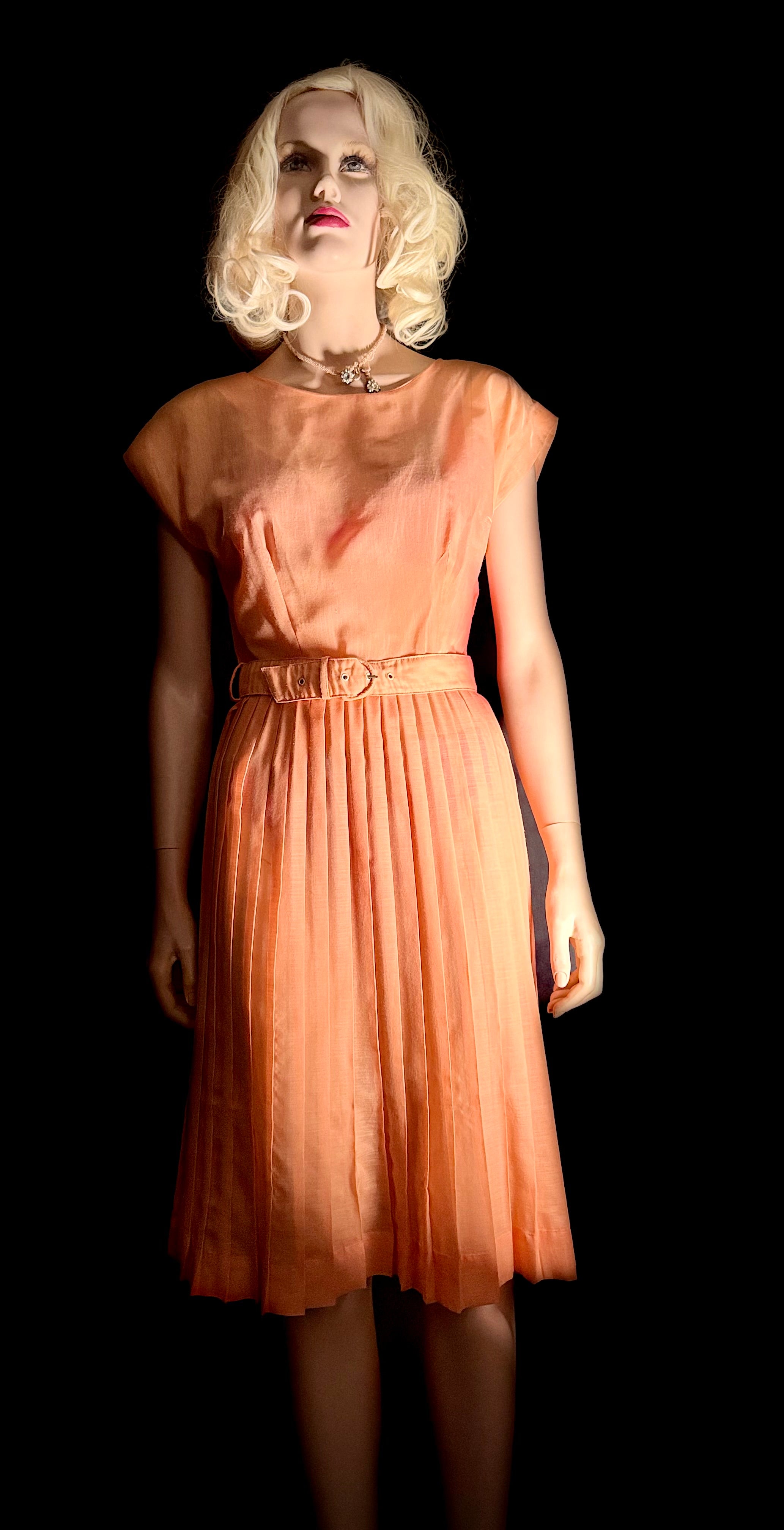 1950s Sheer Peach Knife-Pleat Dress with Original Belt