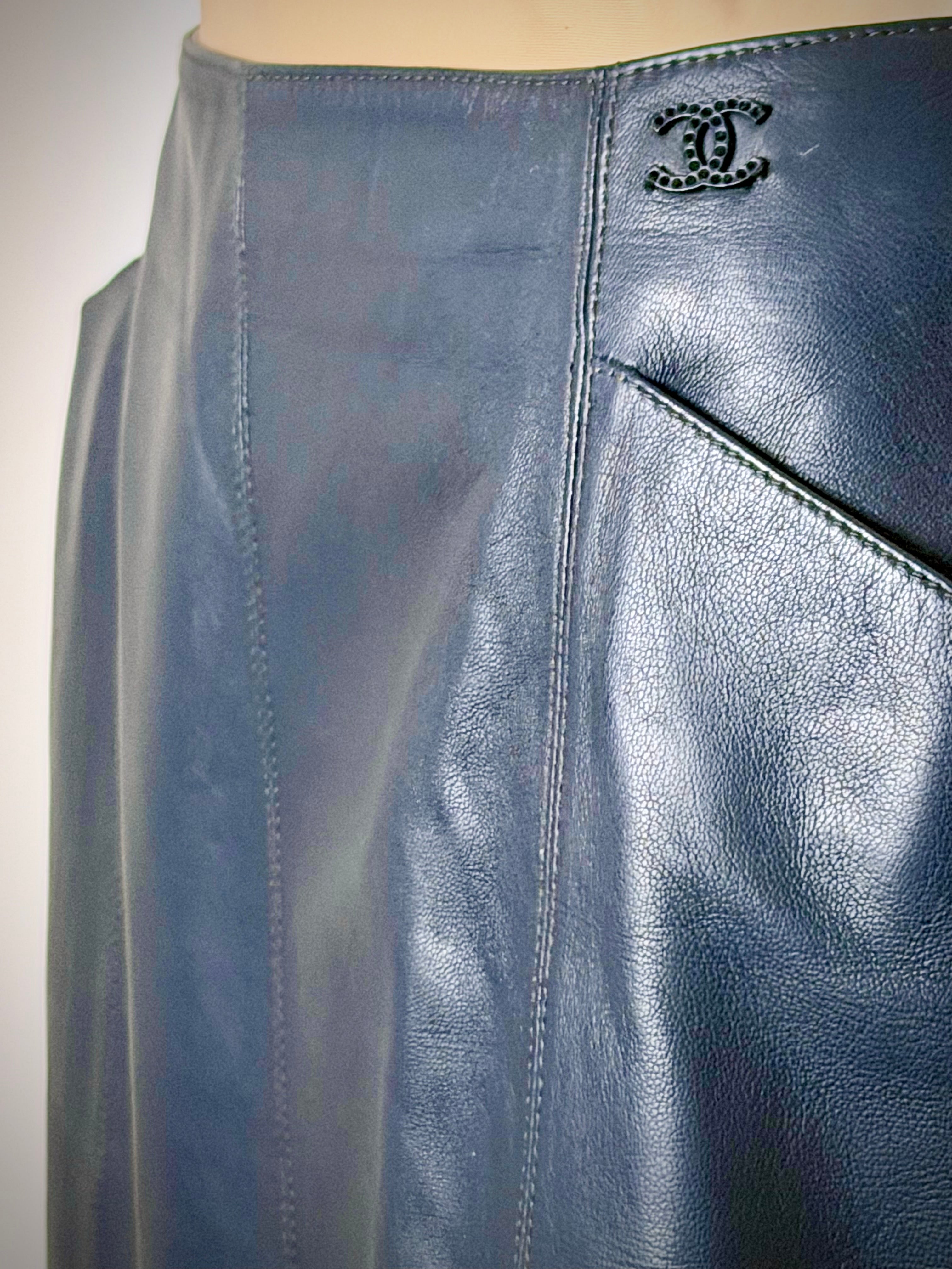 Chanel Navy Lambskin Skirt with Silk Lining - Made in France