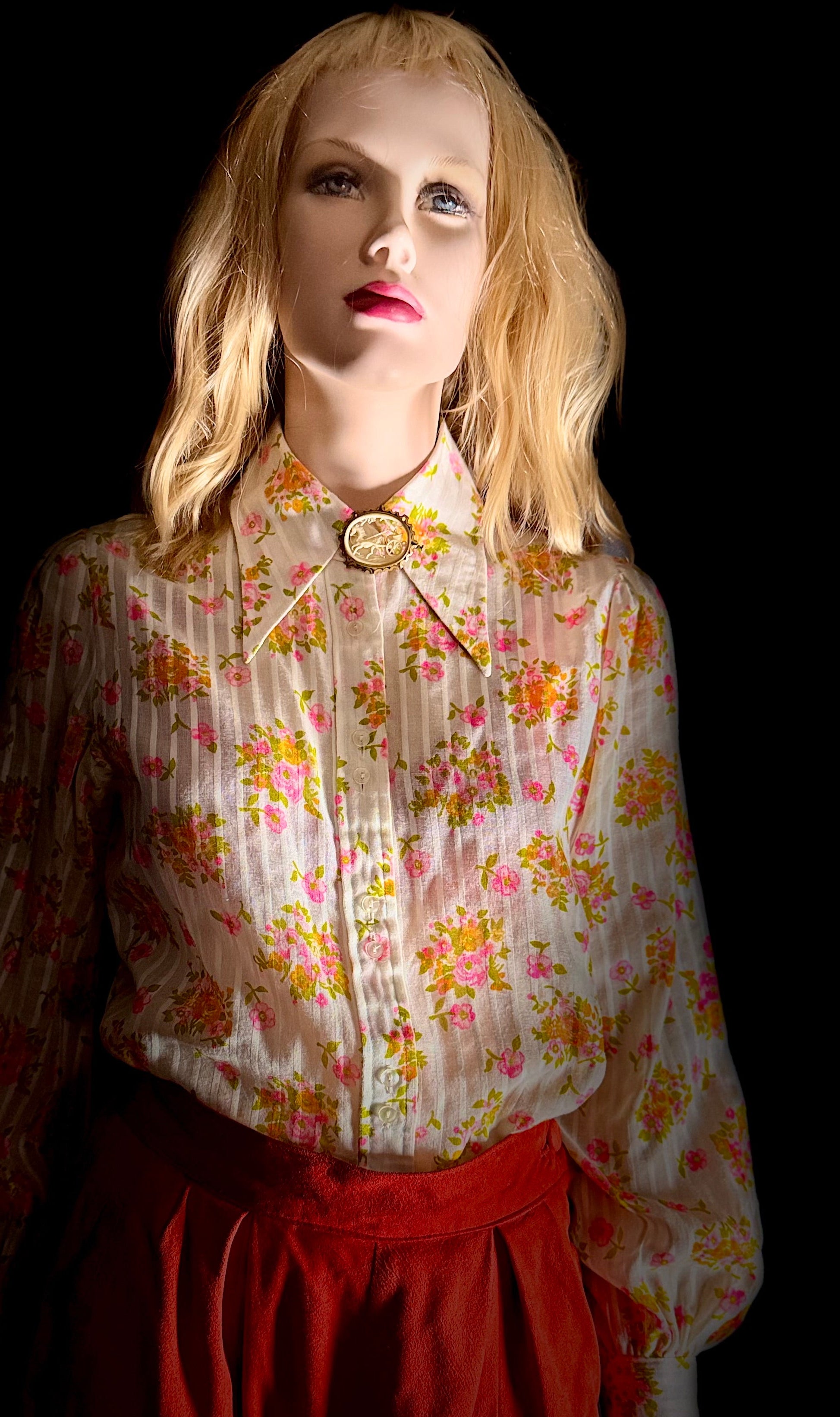 1970s Semi-Sheer Floral Stripe Blouse with Double Buttons