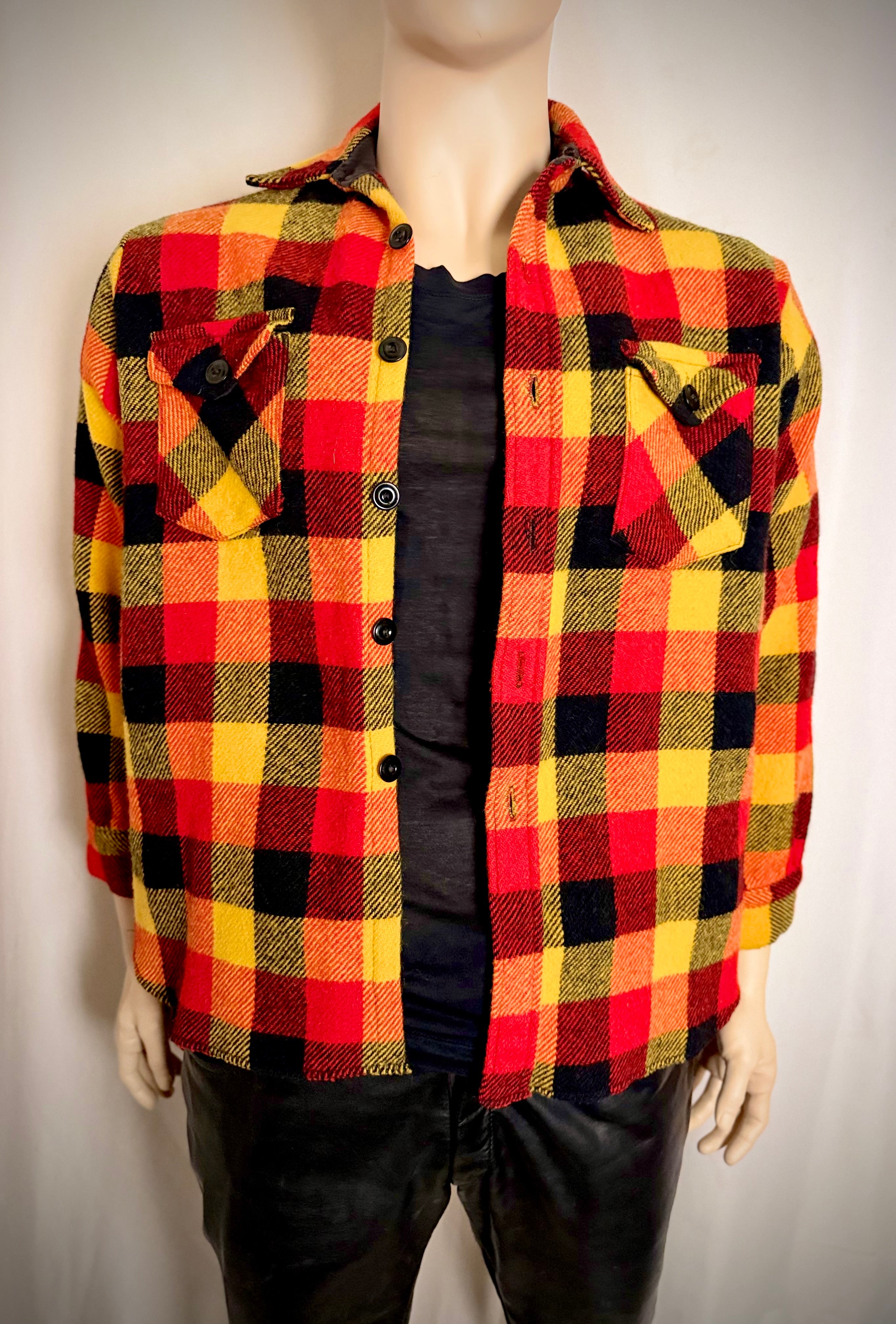 1960s Red and Gold Plaid Wool Shirt | Heavy Flannel