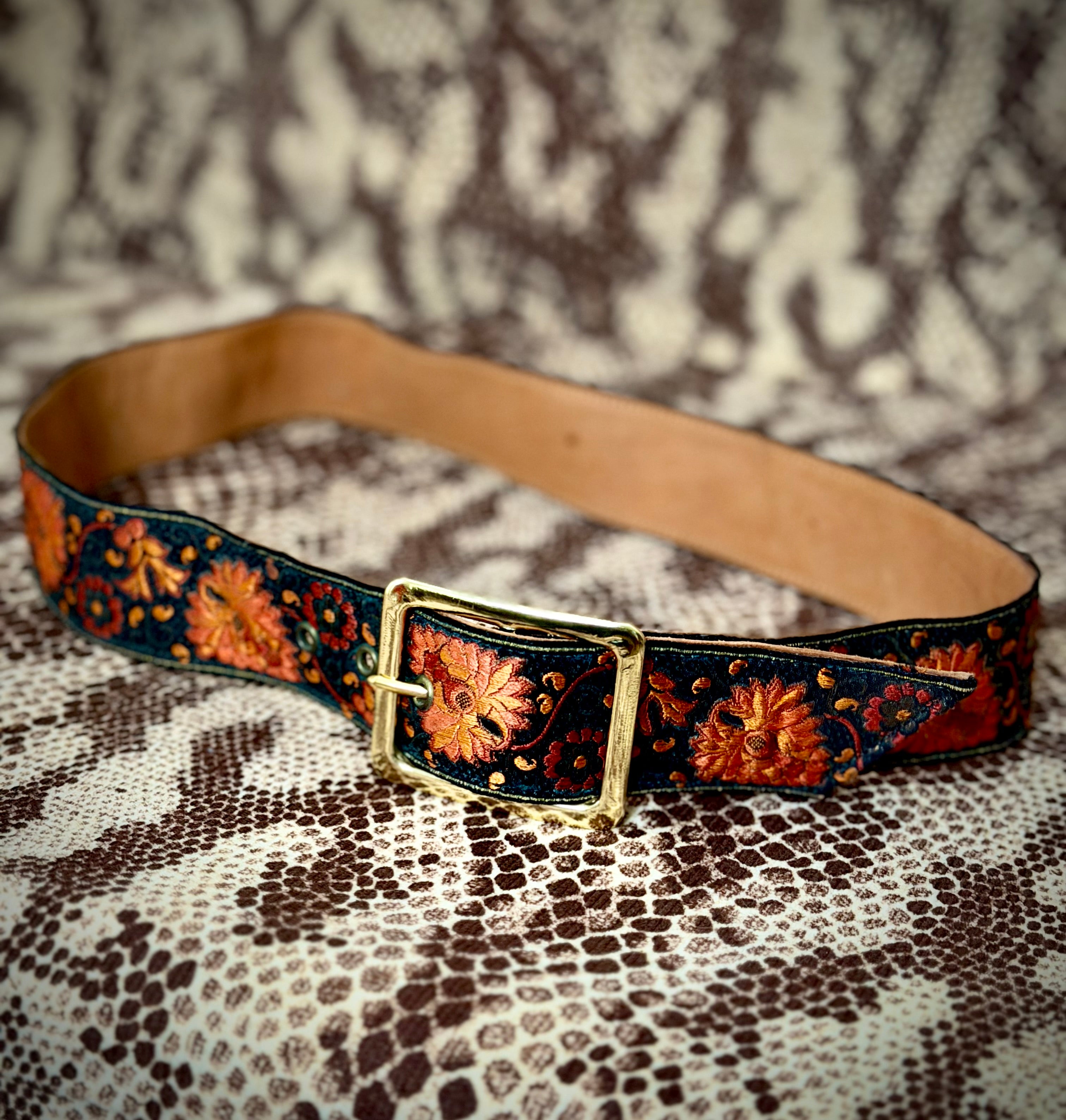 1970s Lutèce Paris Embroidered Leather Belt-Floral Tapestry (Made in France)