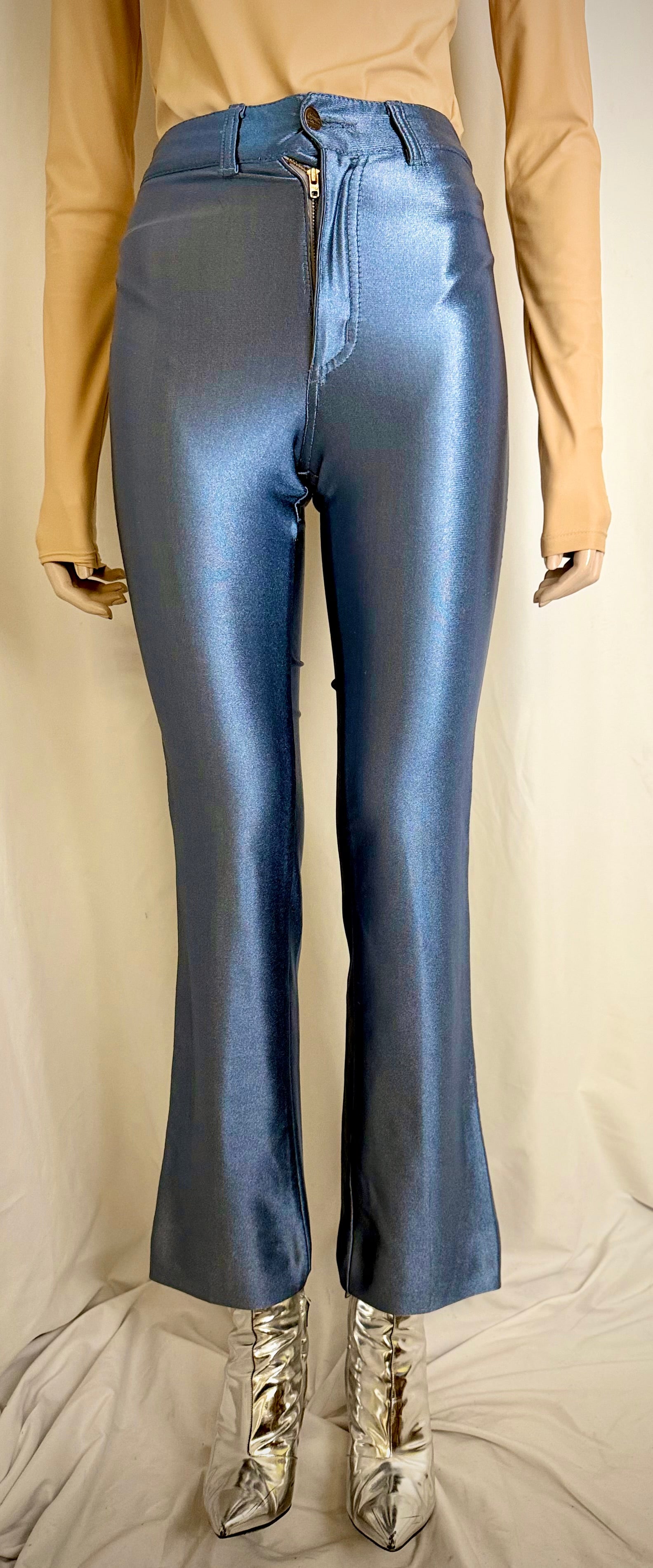 Vintage 70s Chemin de Fer Metallic Blue Flared Pants