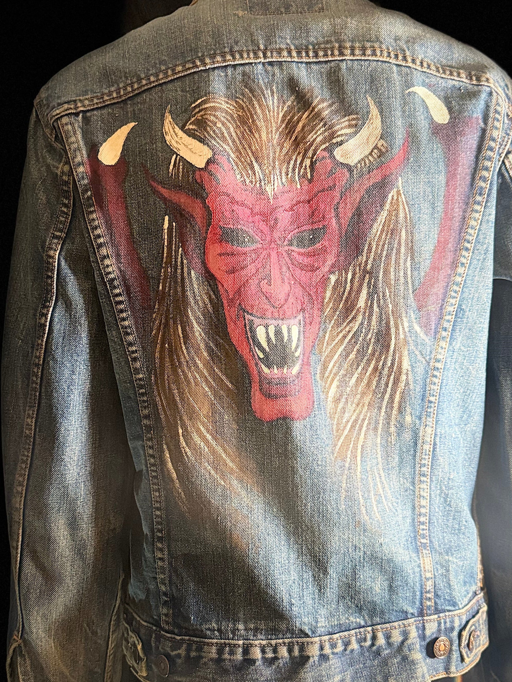 1960s Levi’s Big E Denim Trucker Jacket - Hand Painted Devil Artwork by New York Artist
