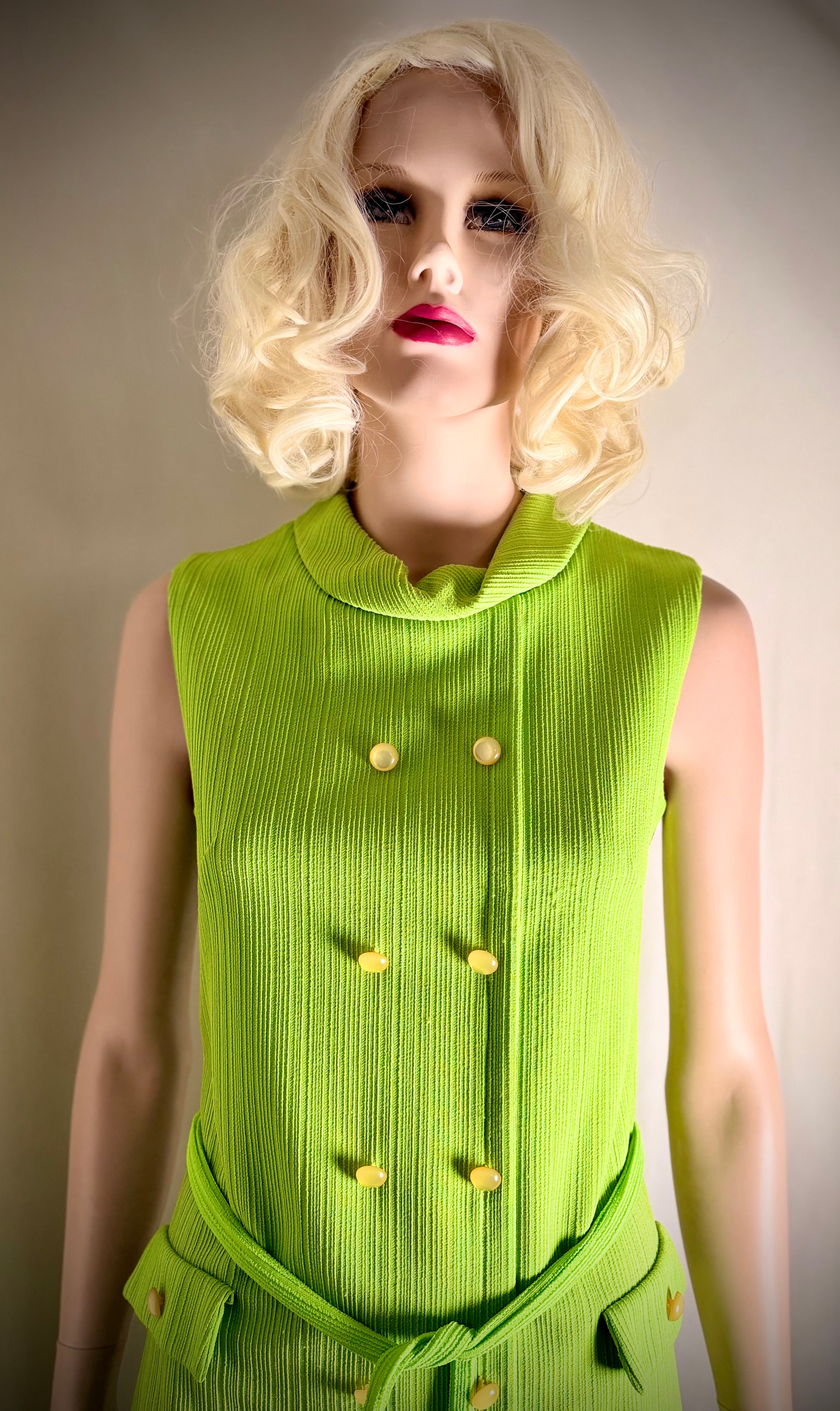 Vintage 60’s Ribbed Chartreuse Sleeveless Dress with Belt
