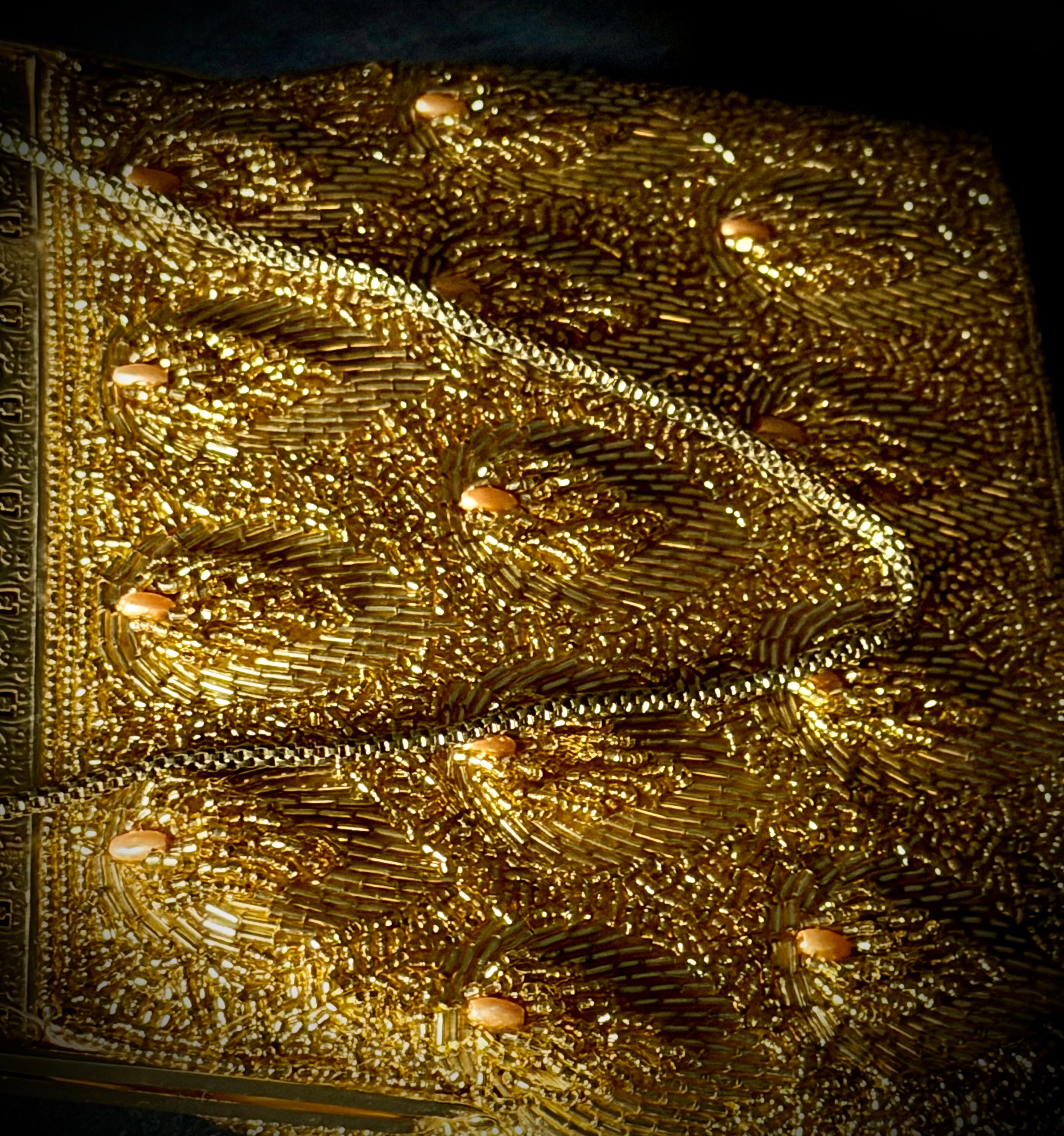 Evening Bag - 1950s Gold Beaded Clutch with Floral Filigree Frame”