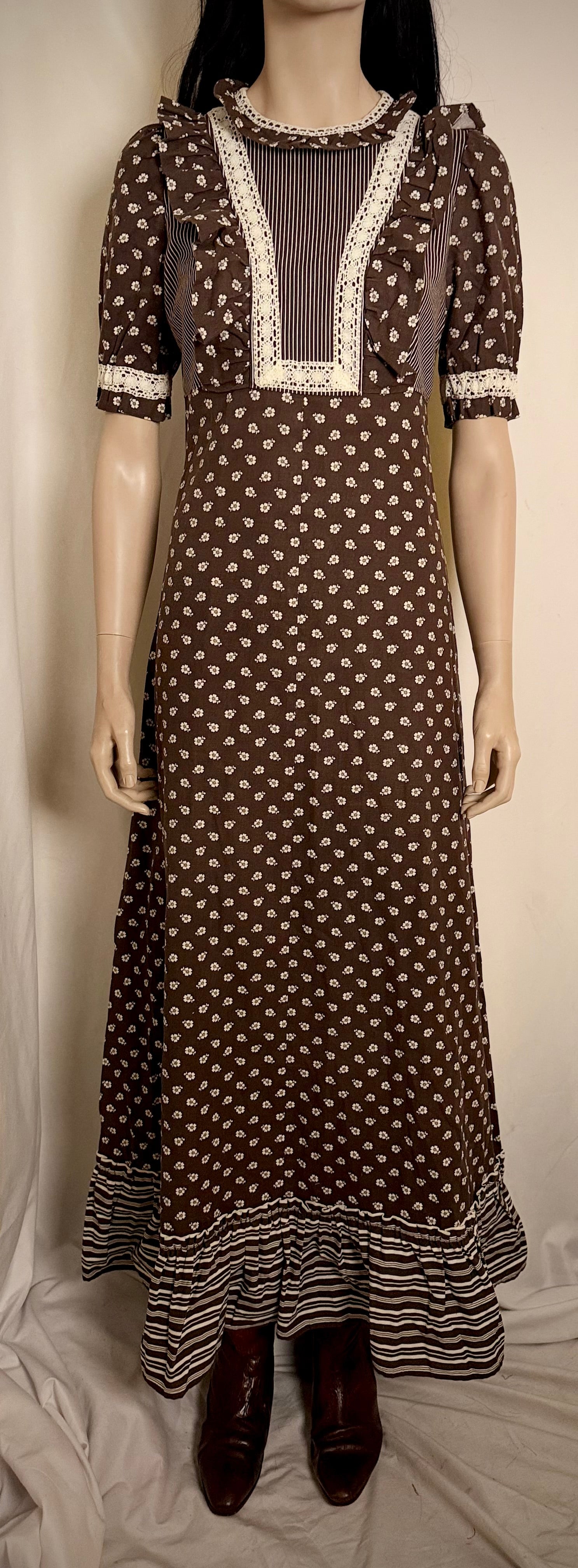 1970s Dark Brown Cotton Prairie Dress