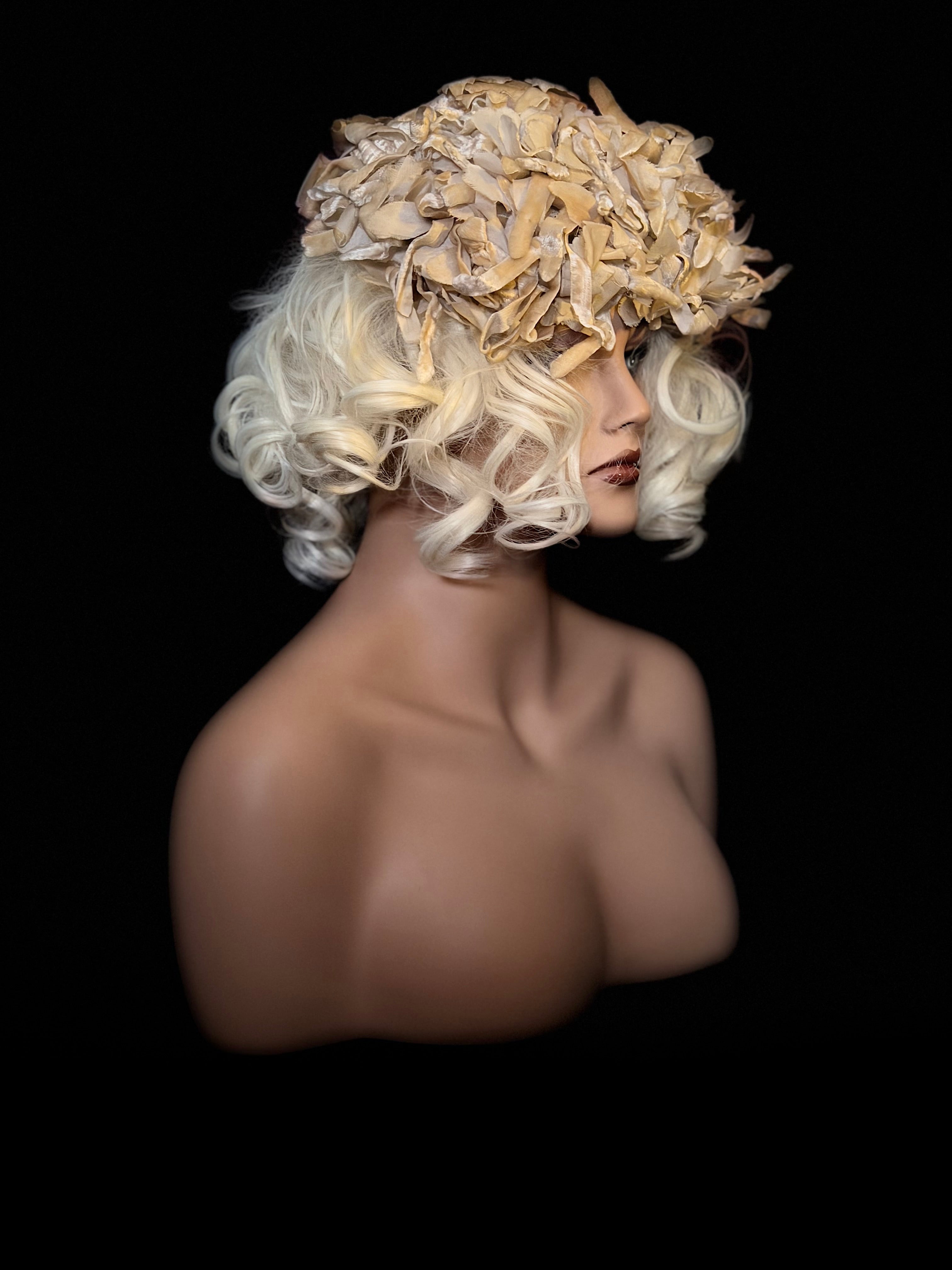 1950s Cream Velvet Leaf & Ribbon Sculptural Hat