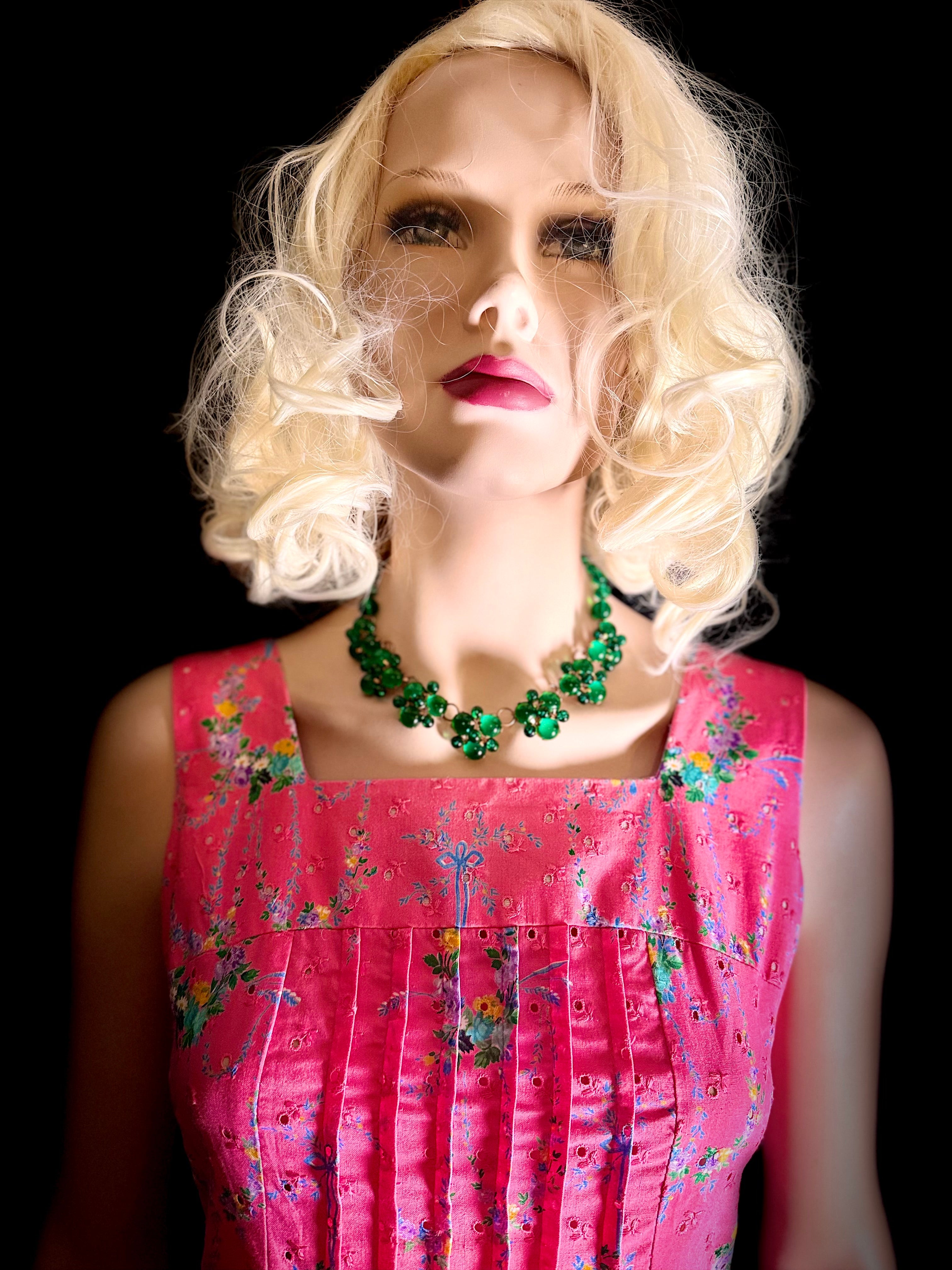 Circa 1960 Pink Floral Eyelet Cotton Dress with Pintucked Bodice