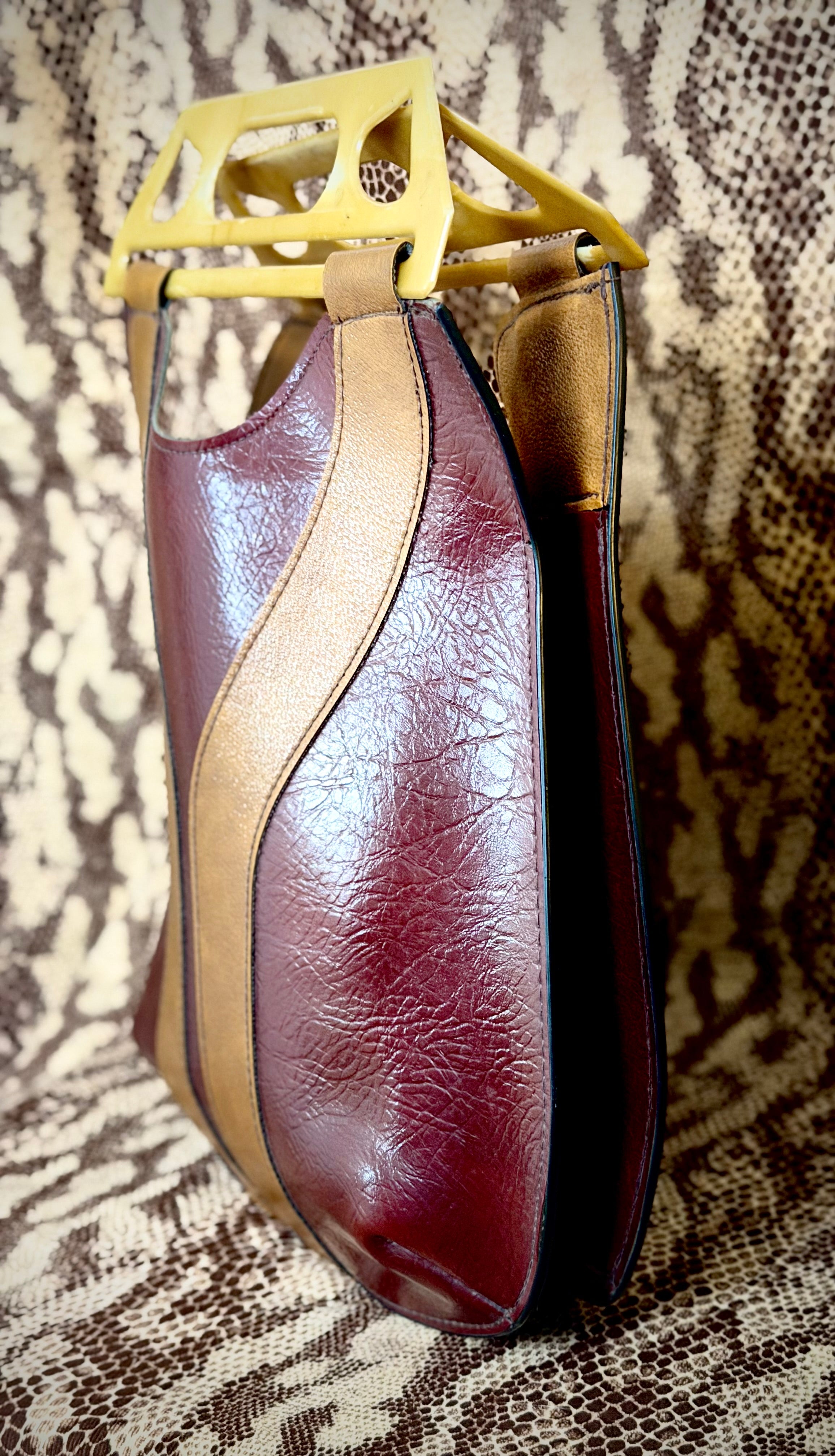 1960s-1970s Large Italian Leather Bag with Sculptural Handles- Deadstock