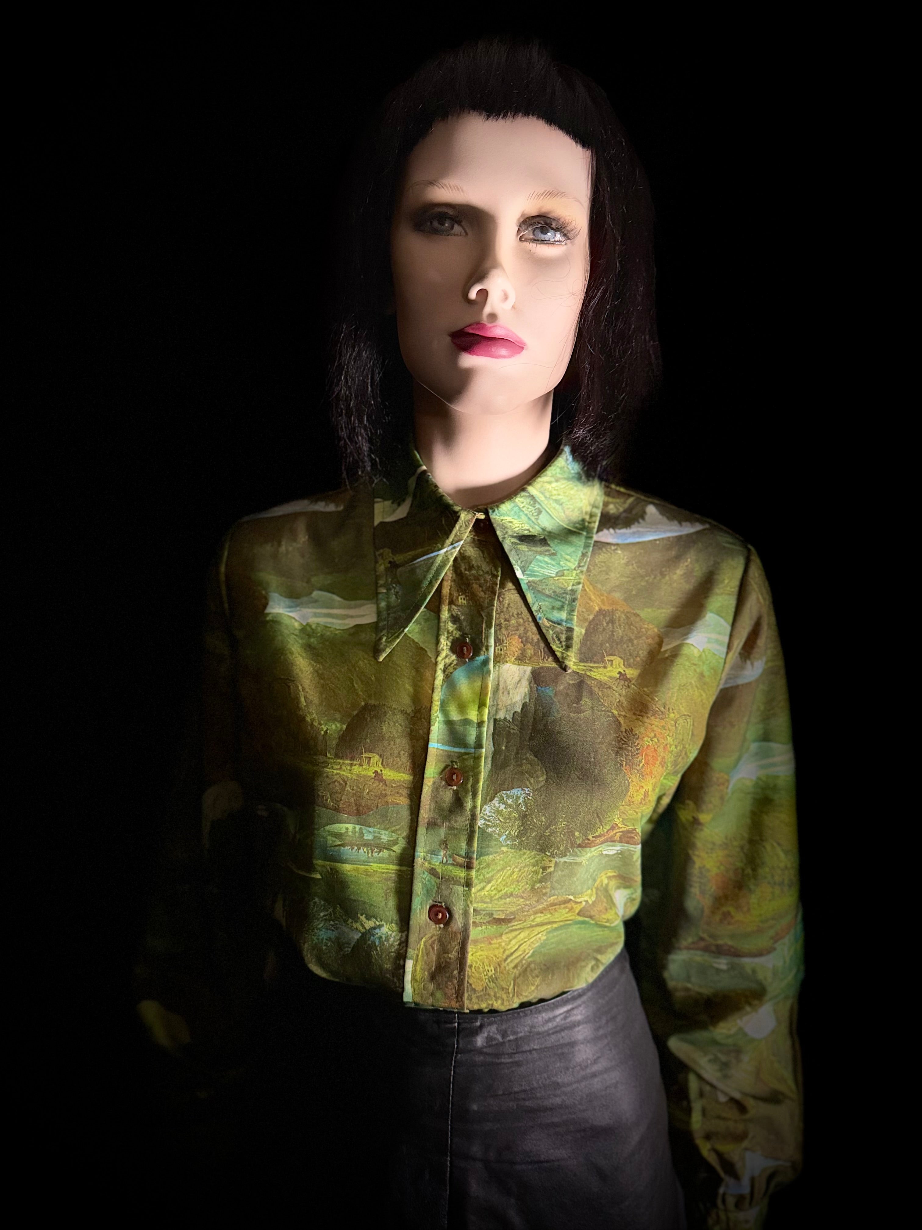 Late 1960s–Early 1970s Forest Scenic Print Shirt | Painterly Landscape Blouse