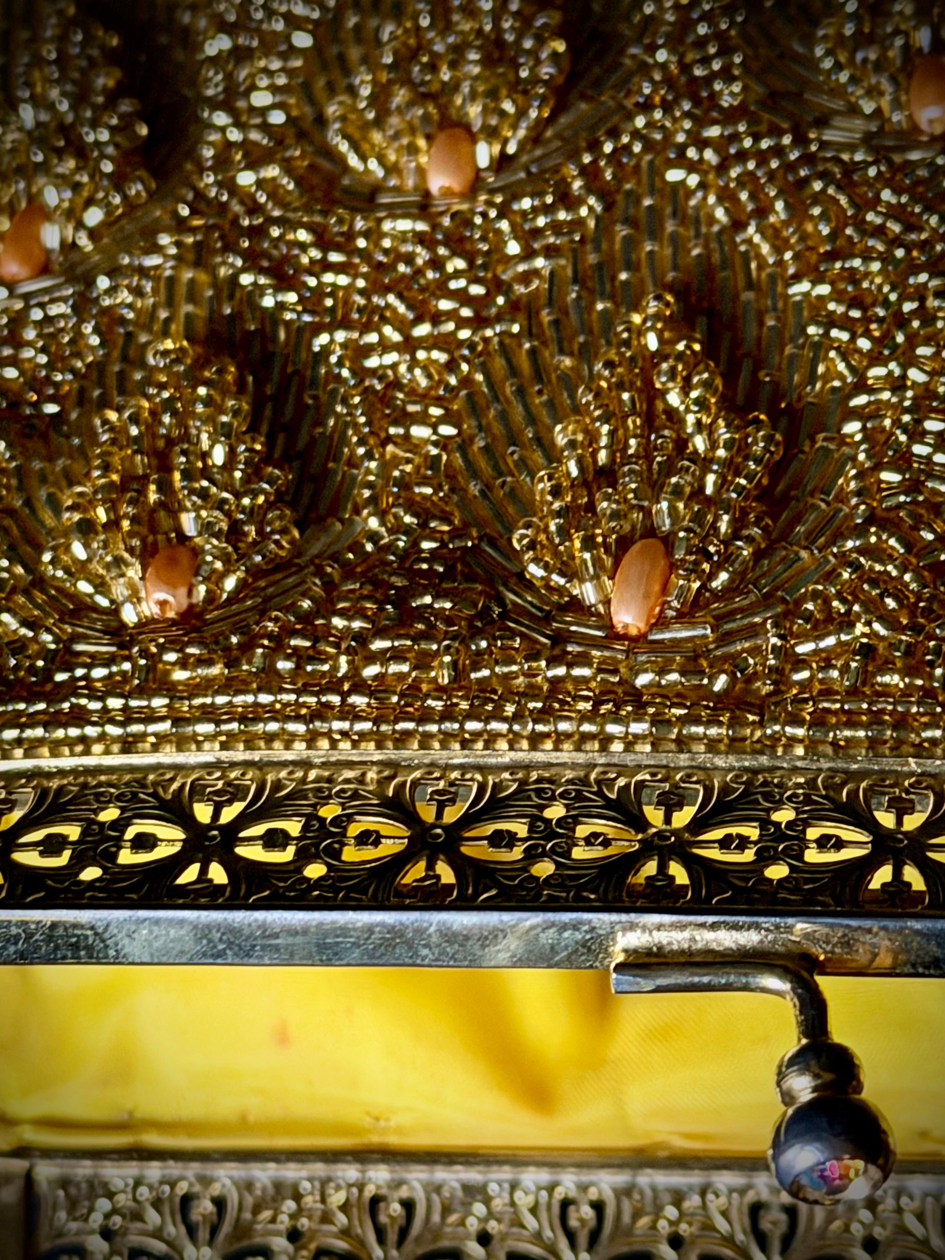 Evening Bag - 1950s Gold Beaded Clutch with Floral Filigree Frame”