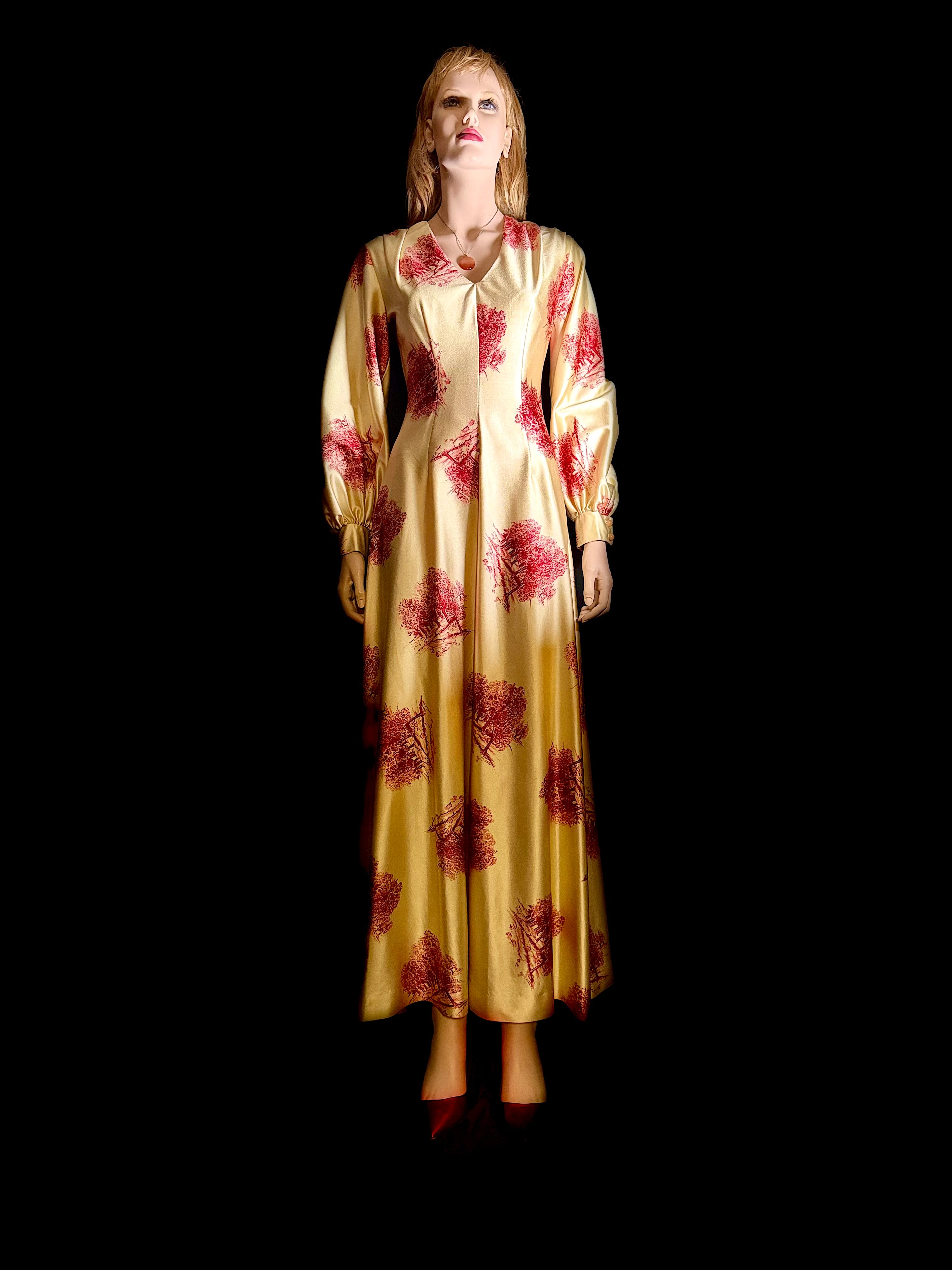Vintage 1970s Golden Toile Evening Gown – Balloon Sleeves, Full Length