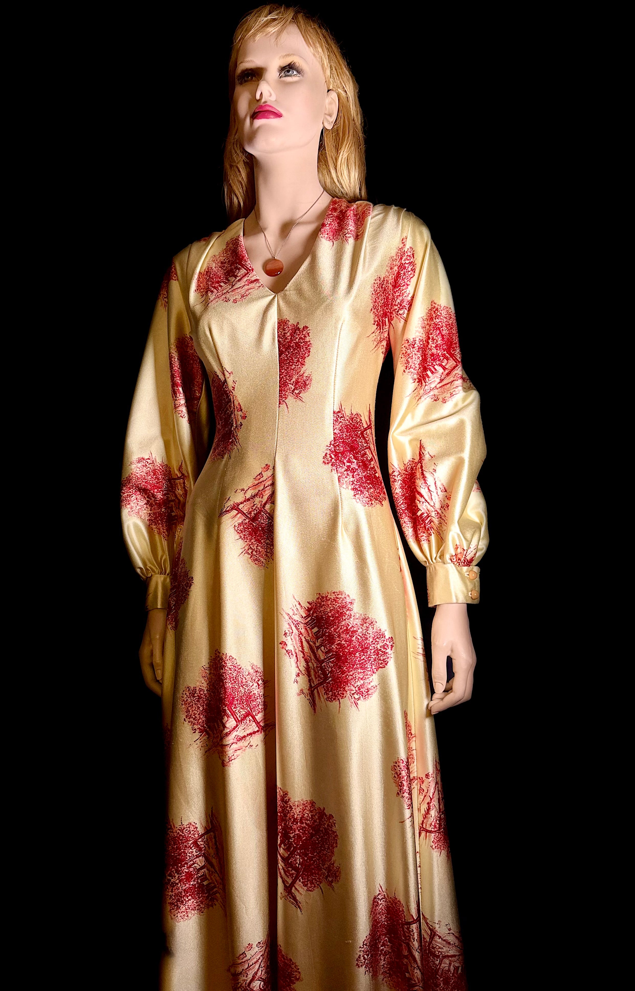 Vintage 1970s Golden Toile Evening Gown – Balloon Sleeves, Full Length