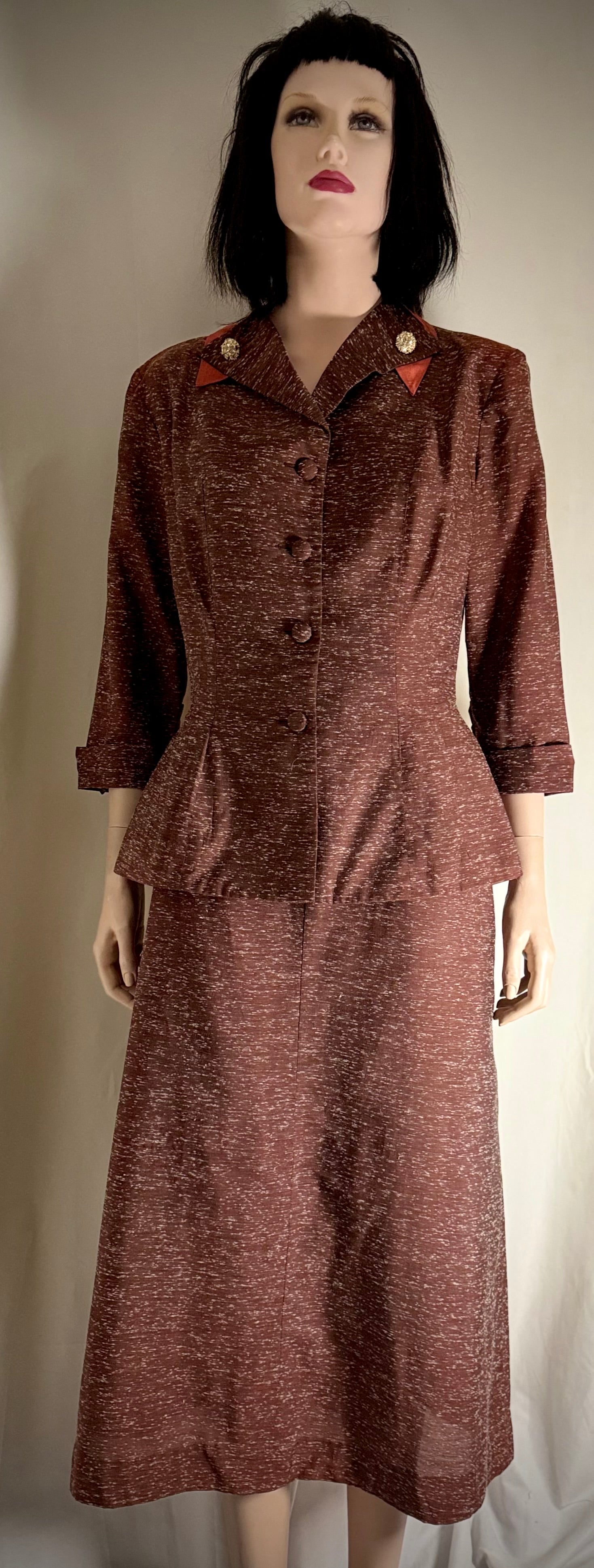 Late 1940s Vintage Skirt Suit - Rayon-Cotton with Satin Collar Detail