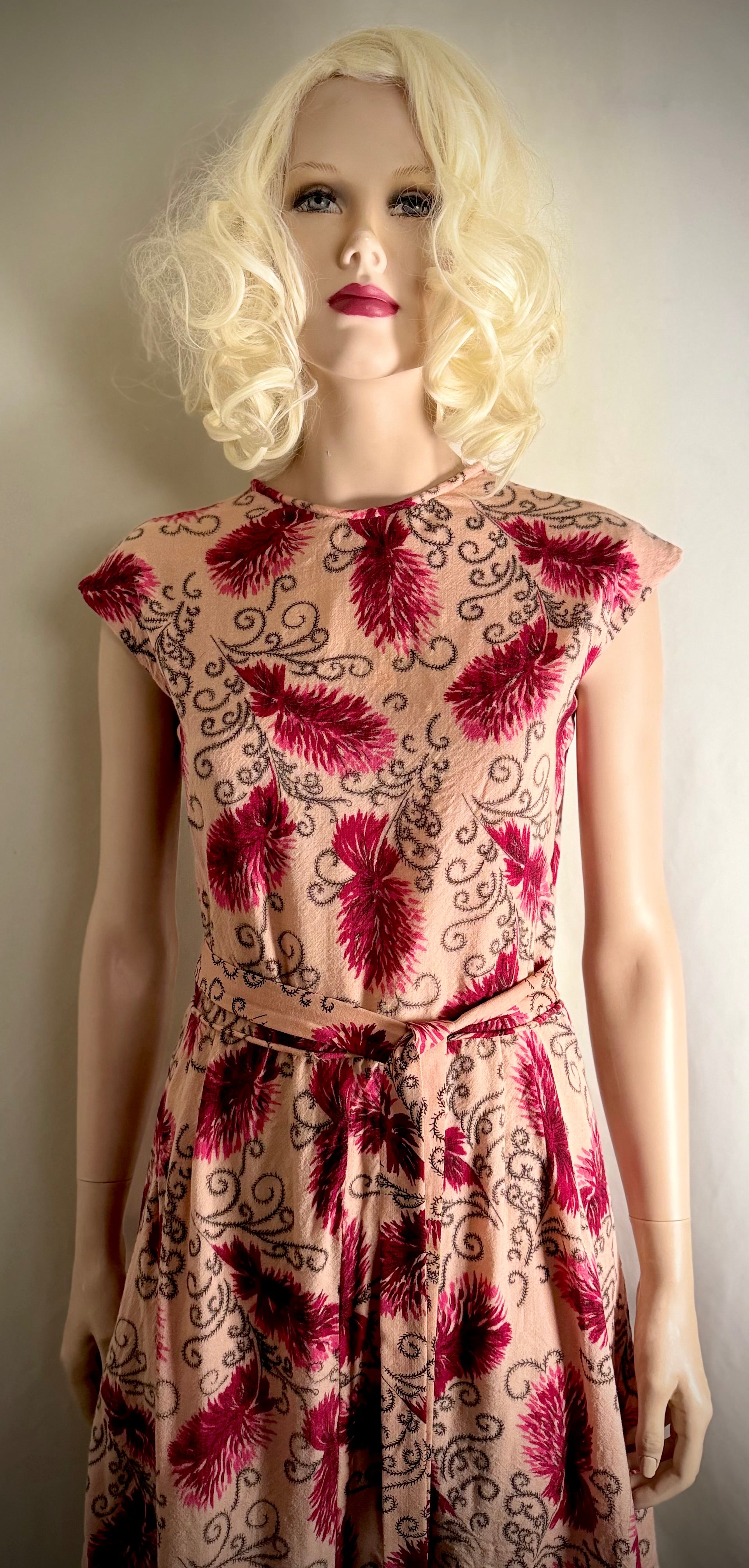 Circa 1940s Cotton Day Dress with Raspberry Print- Professionally Restored