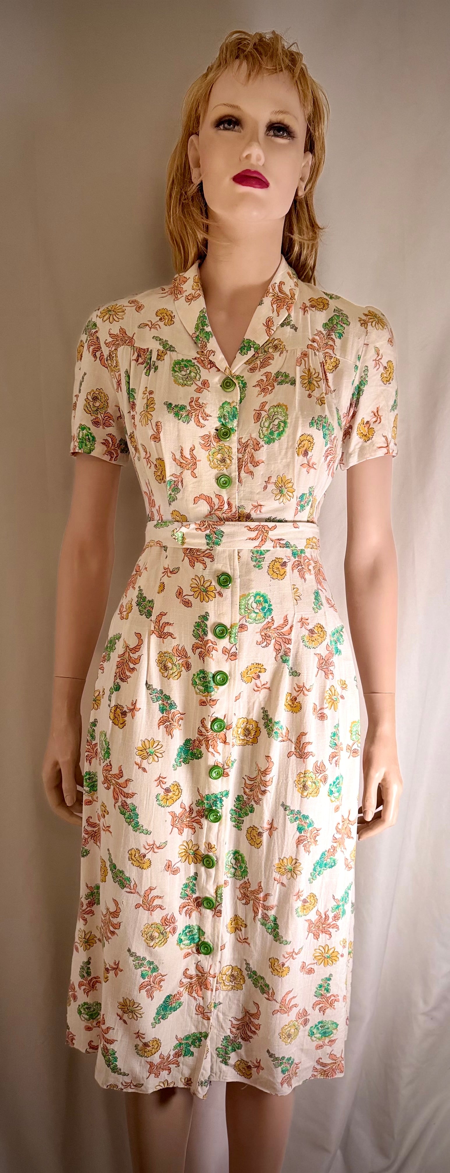 Late 1930s- Early 1940s Hand-Sewn Floral Day Dress with Original Green Buttons