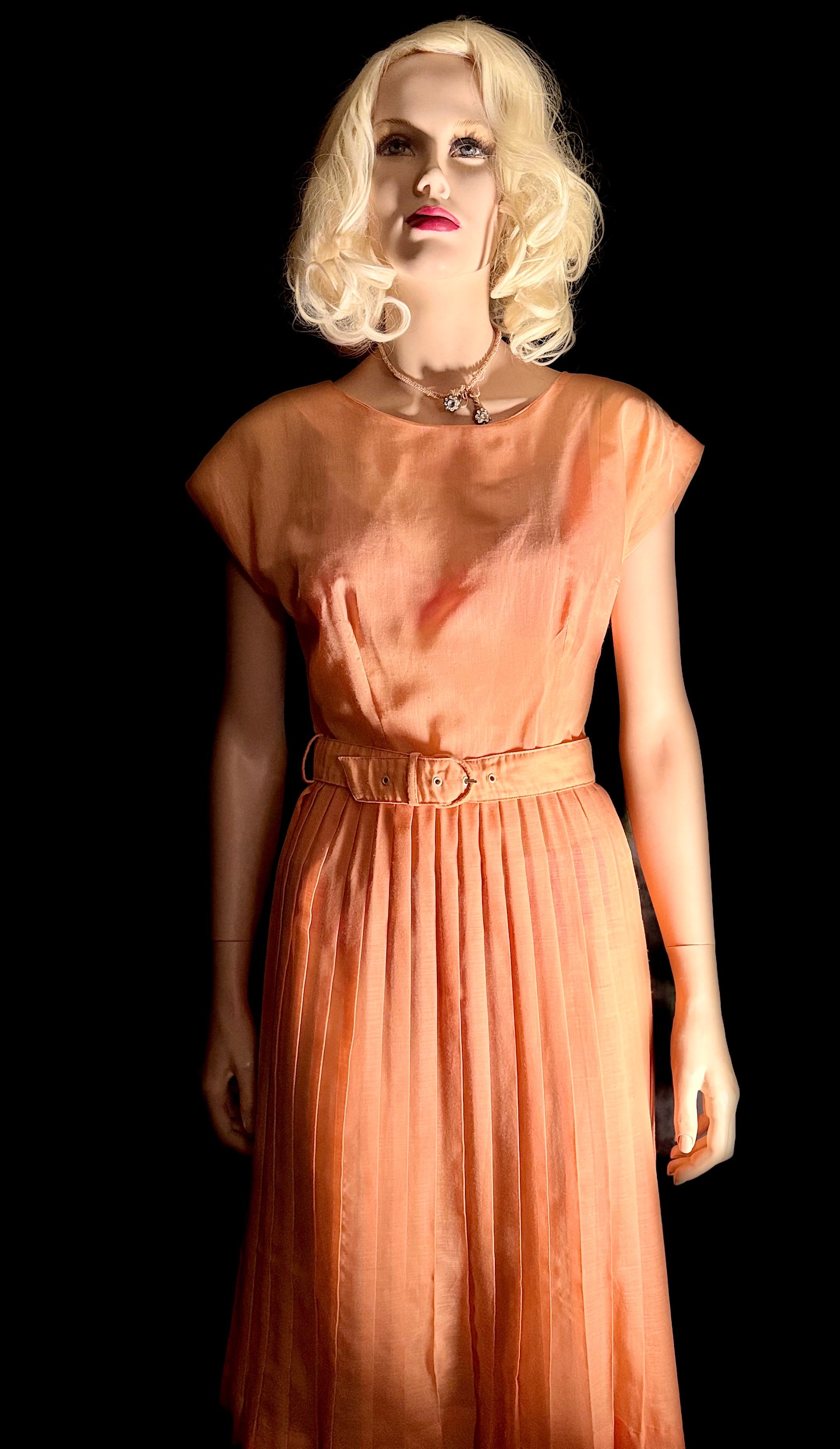 1950s Sheer Peach Knife-Pleat Dress with Original Belt