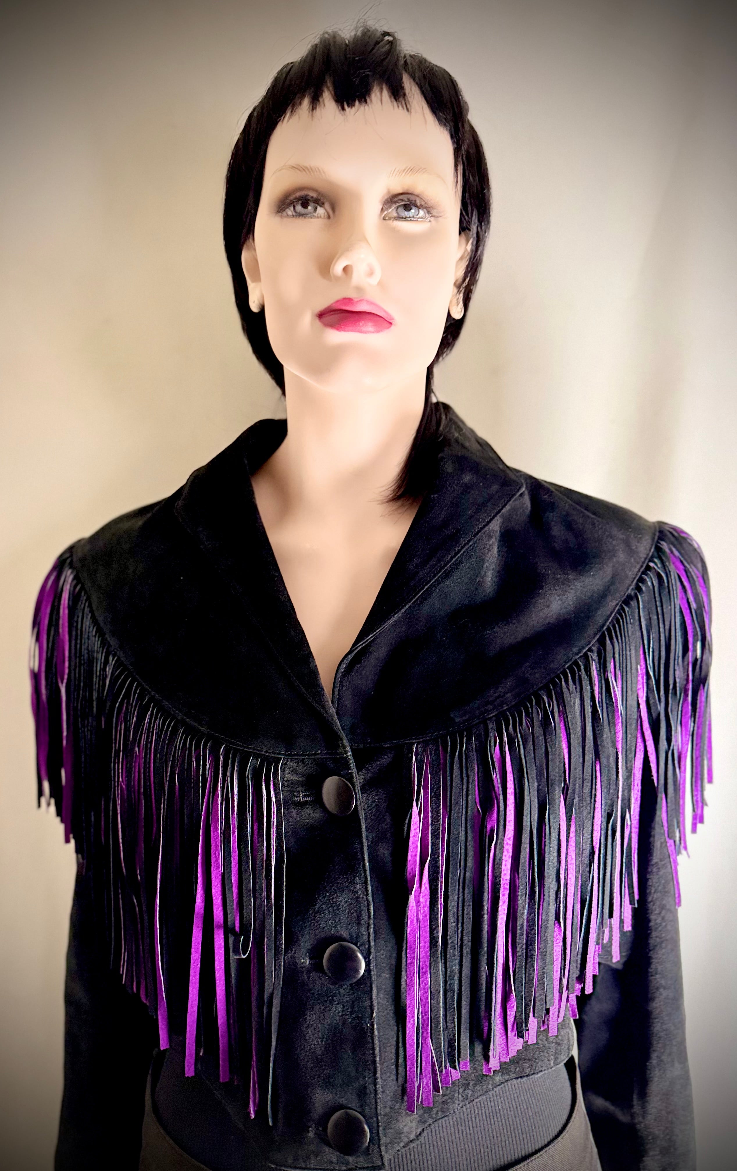Exceptional 1980s Adler Black and Purple Suede Fringe Jacket
