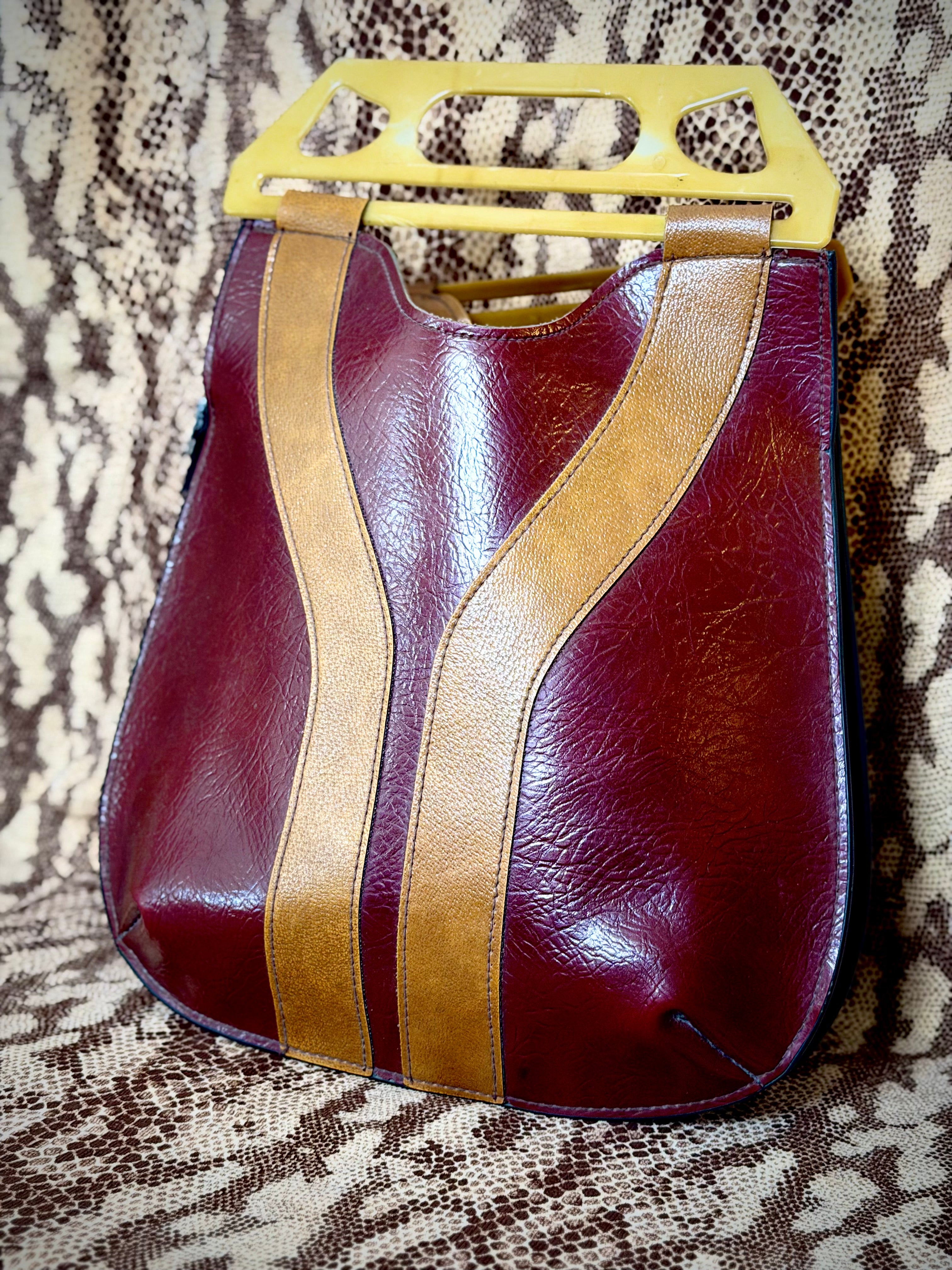 1960s-1970s Large Italian Leather Bag with Sculptural Handles- Deadstock