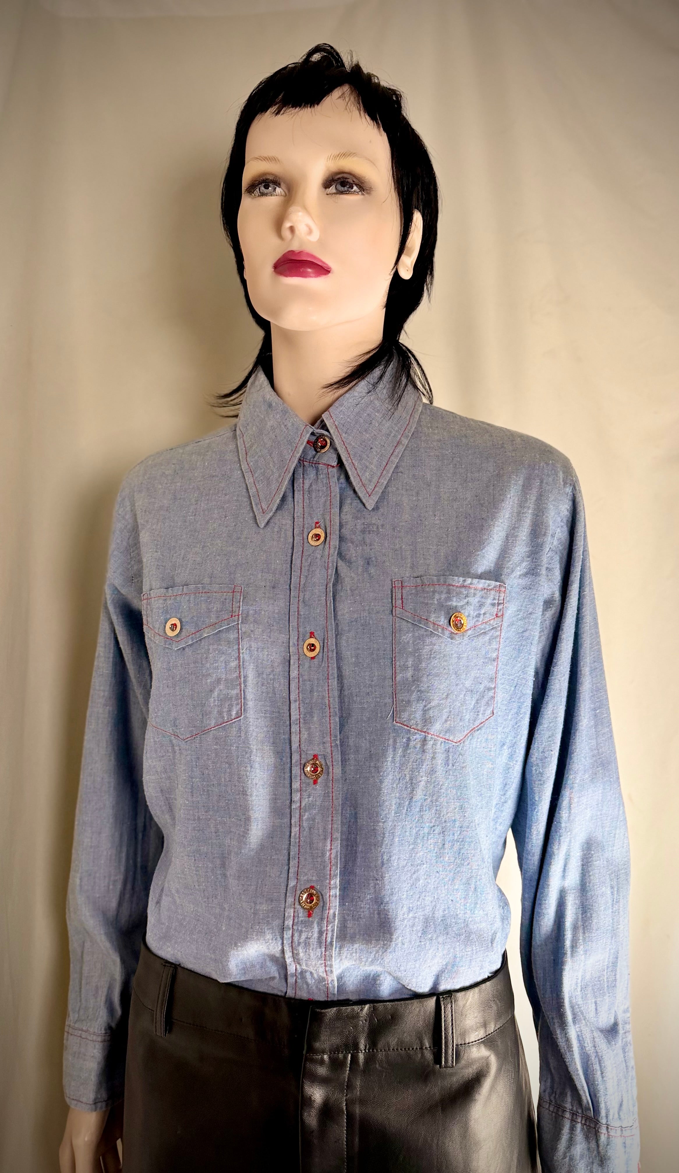 1970s American Denim Shirt with French Military Buttons – Dagger Collar, Red Contrast Stitching