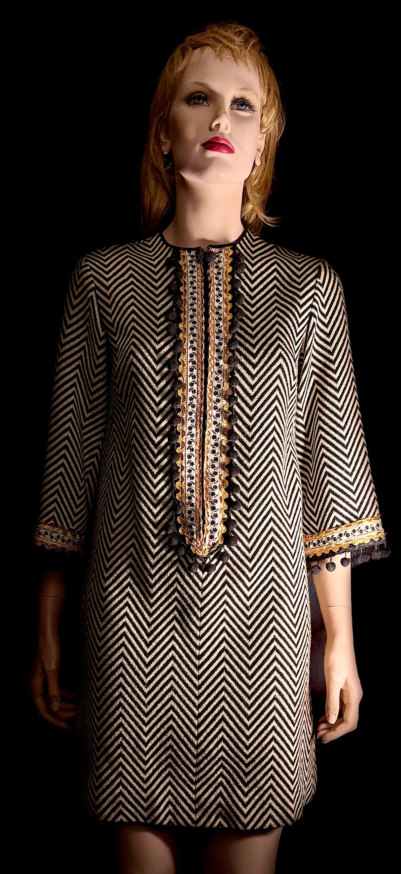 Mid-Century Chevron Weave Dress with Decorative Trim