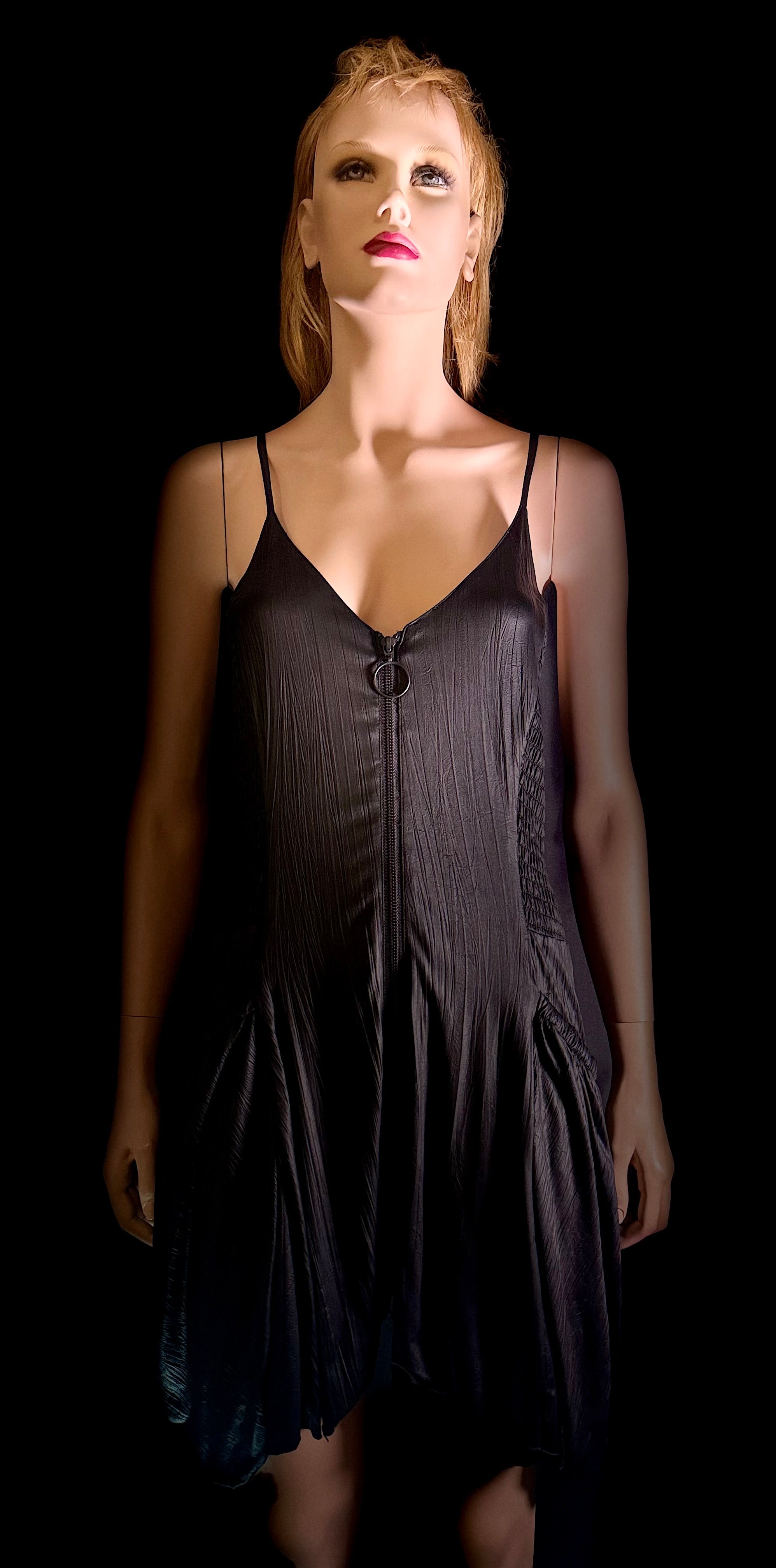 Vintage Ksubi Black Zip-Front Dress with Crinkle Finish