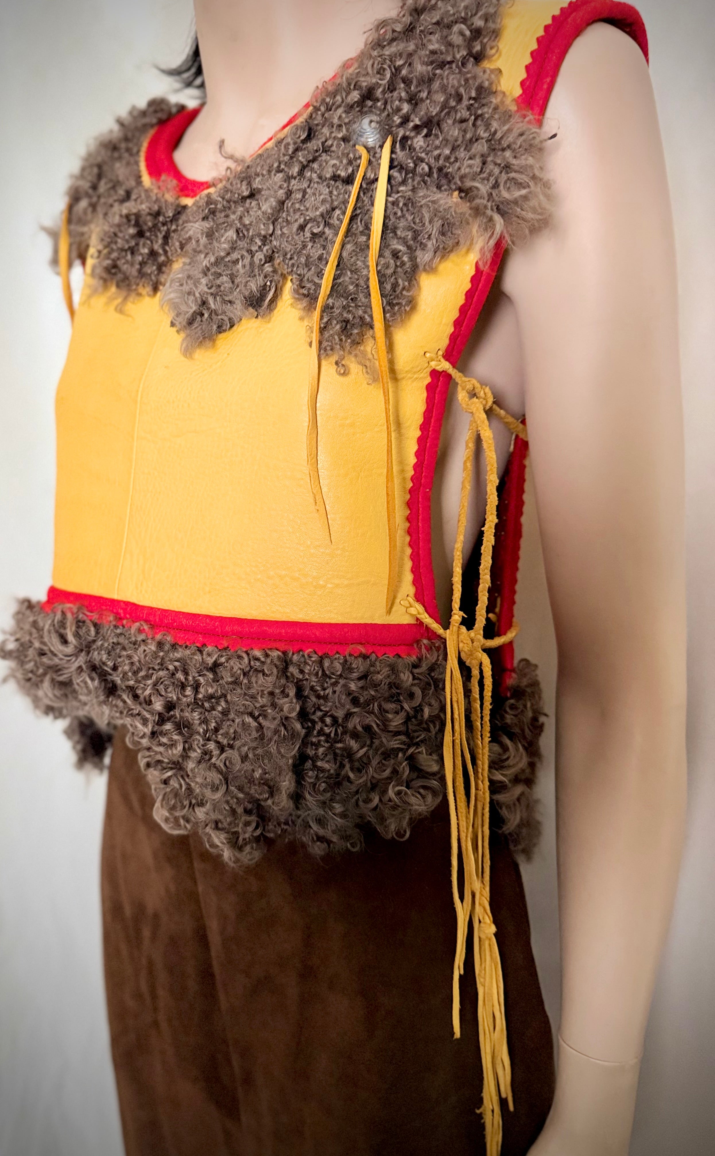 Rare 1970s Handmade Char Designs Leather and Mongolian Lamb Fur Vest