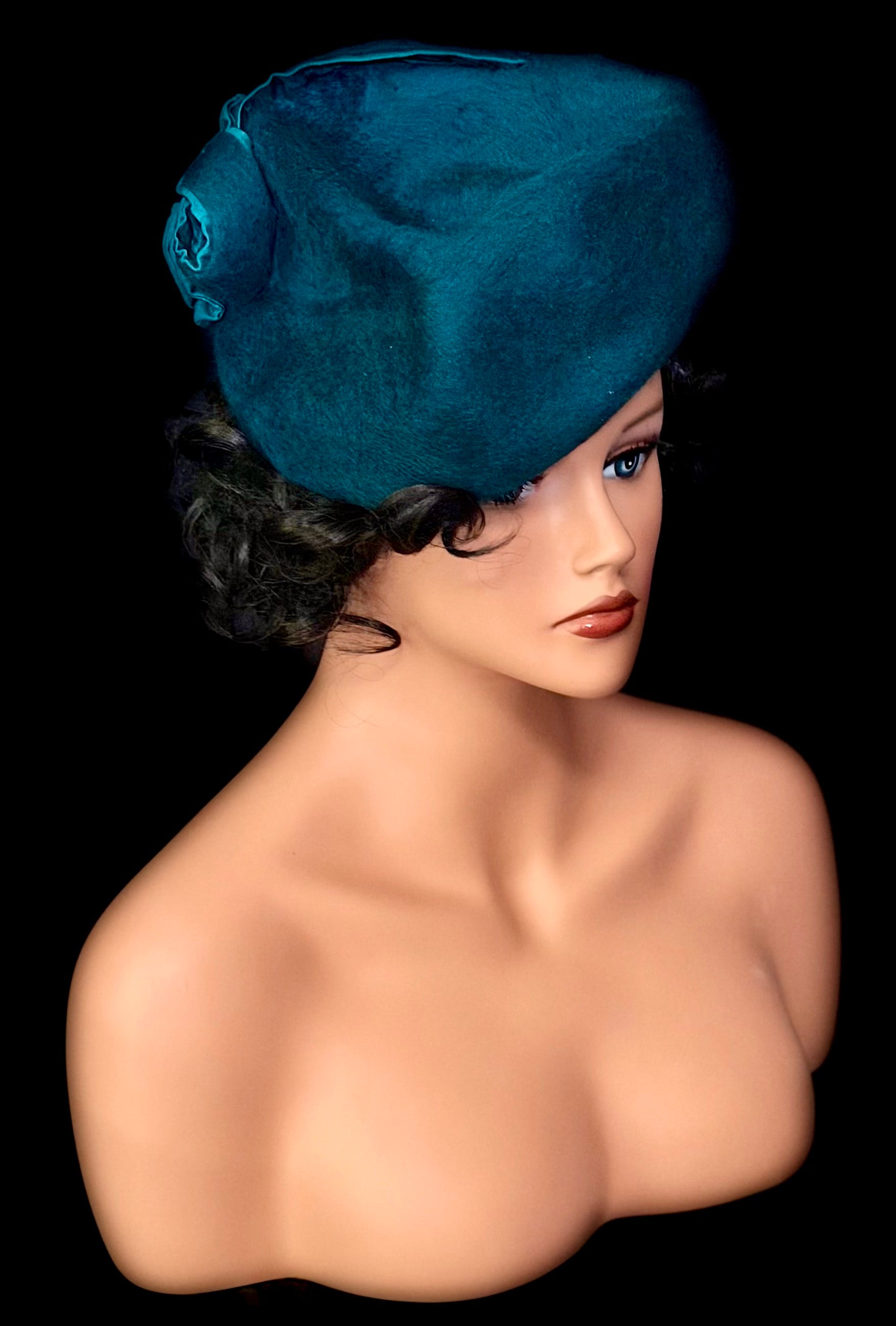 1960s Teal Felt Tilt Hat-David Jones Service Millinery | Sculptural Mid-Century Couture Style