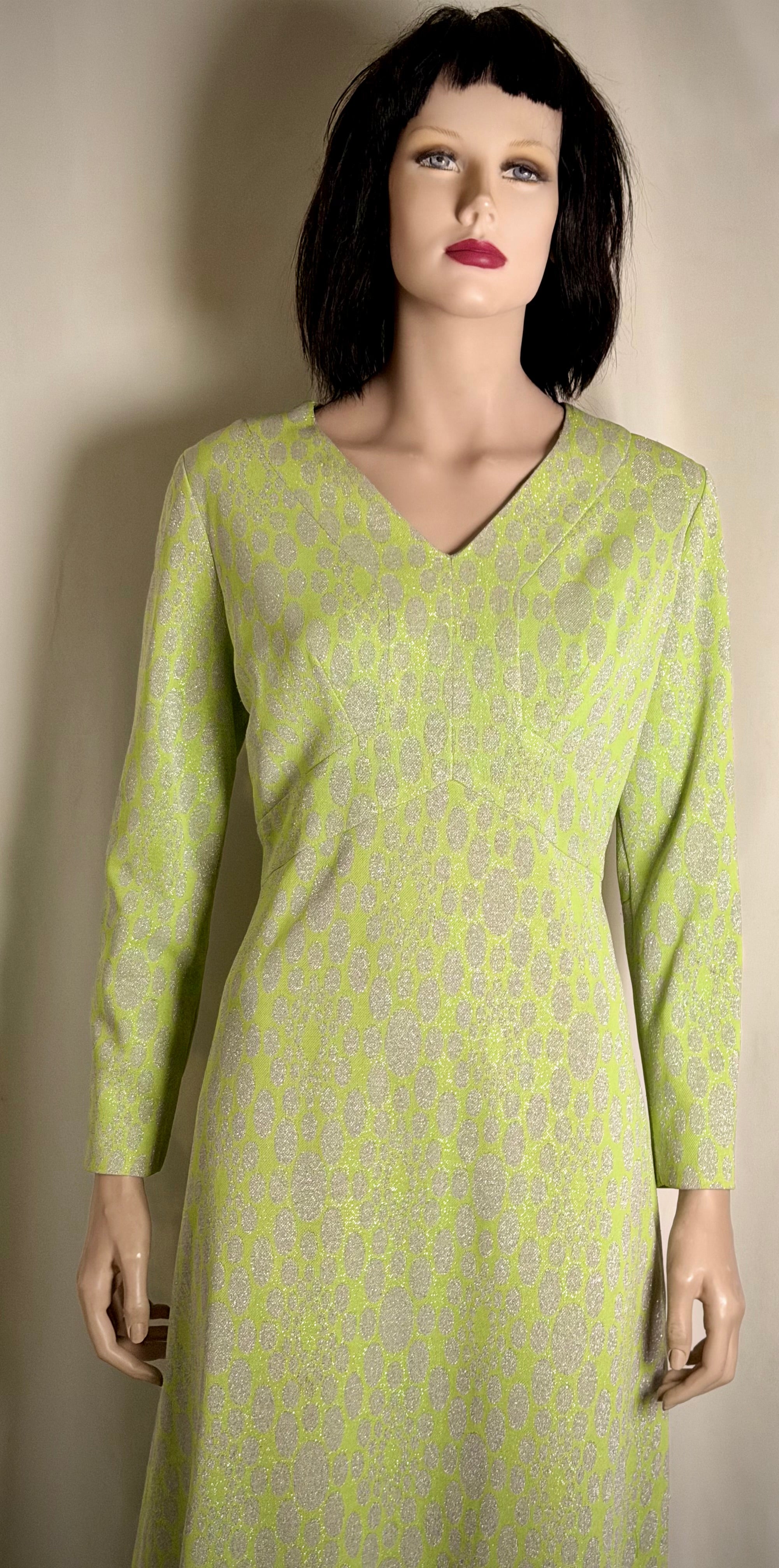 1960s Chartreuse Metallic Jacquard Op-Art Evening Gown (Mint Condition)