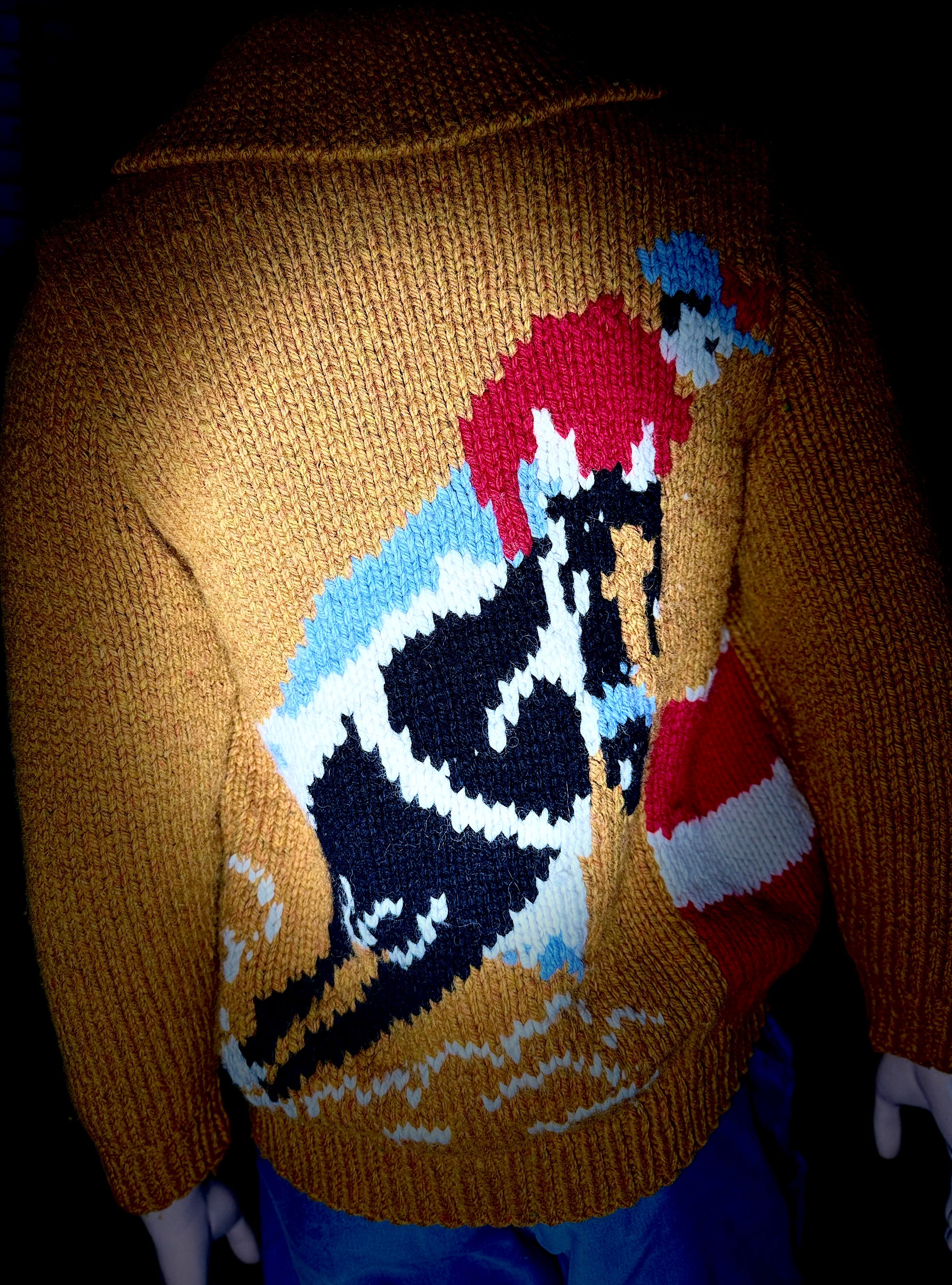 Mid-Century Lined Cowichan Cardigan - Hand-Knit Horse and Rider Motif