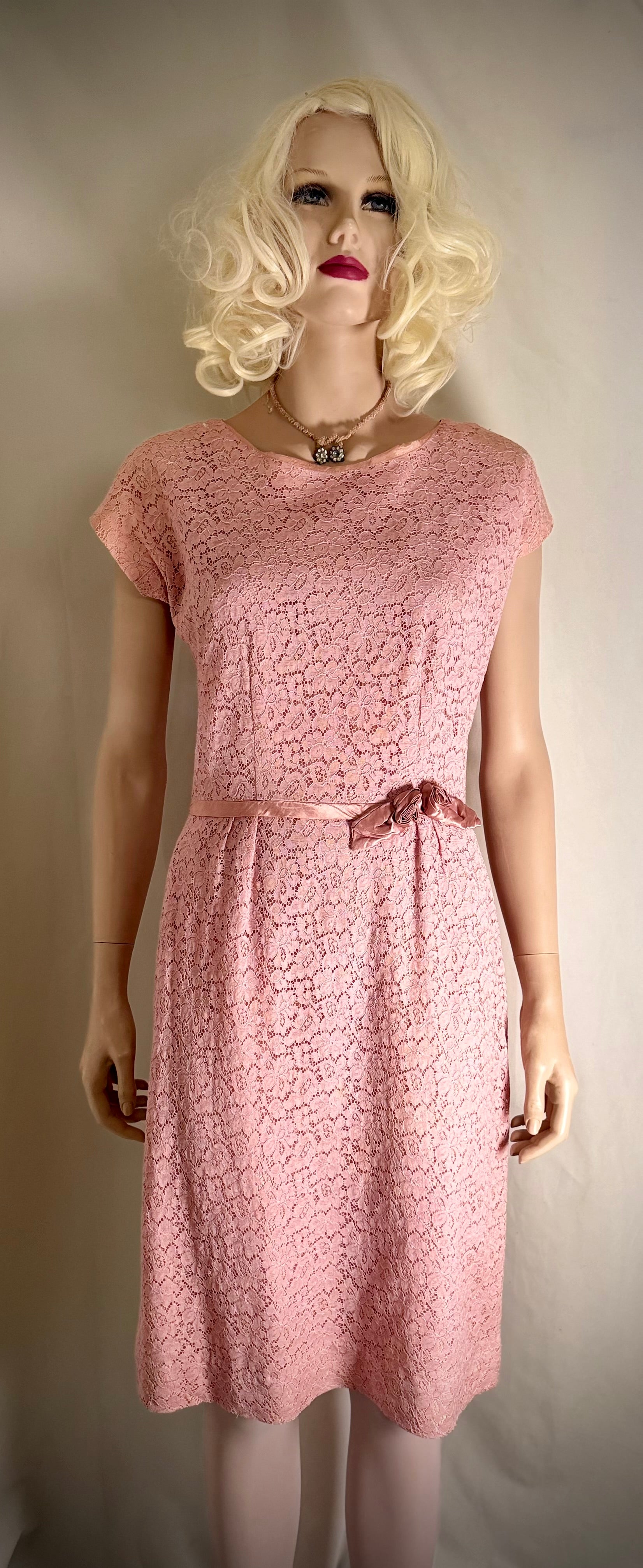 1950s Pink Lace Cocktail Dress with Satin Rosette Belt
